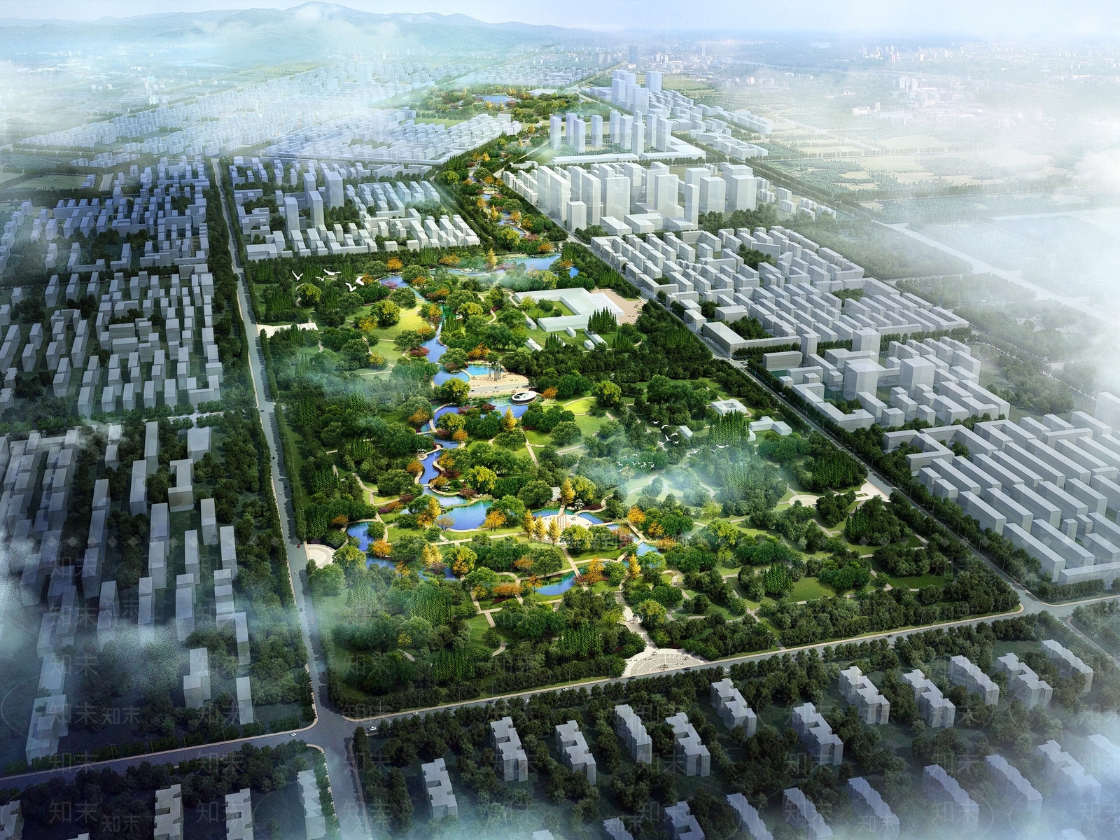 现代城市公园鸟瞰规划3D模型下载【ID:1134461570】