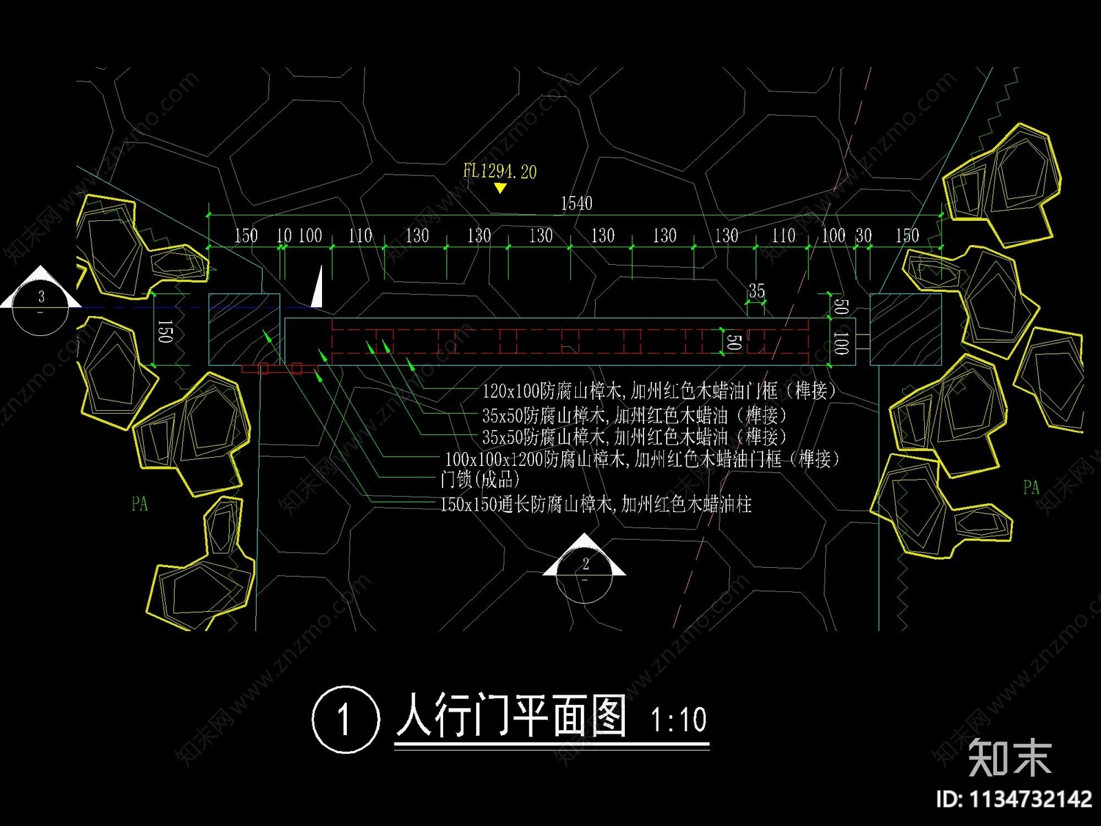 新中式人行木门详图cad施工图下载【ID:1134732142】