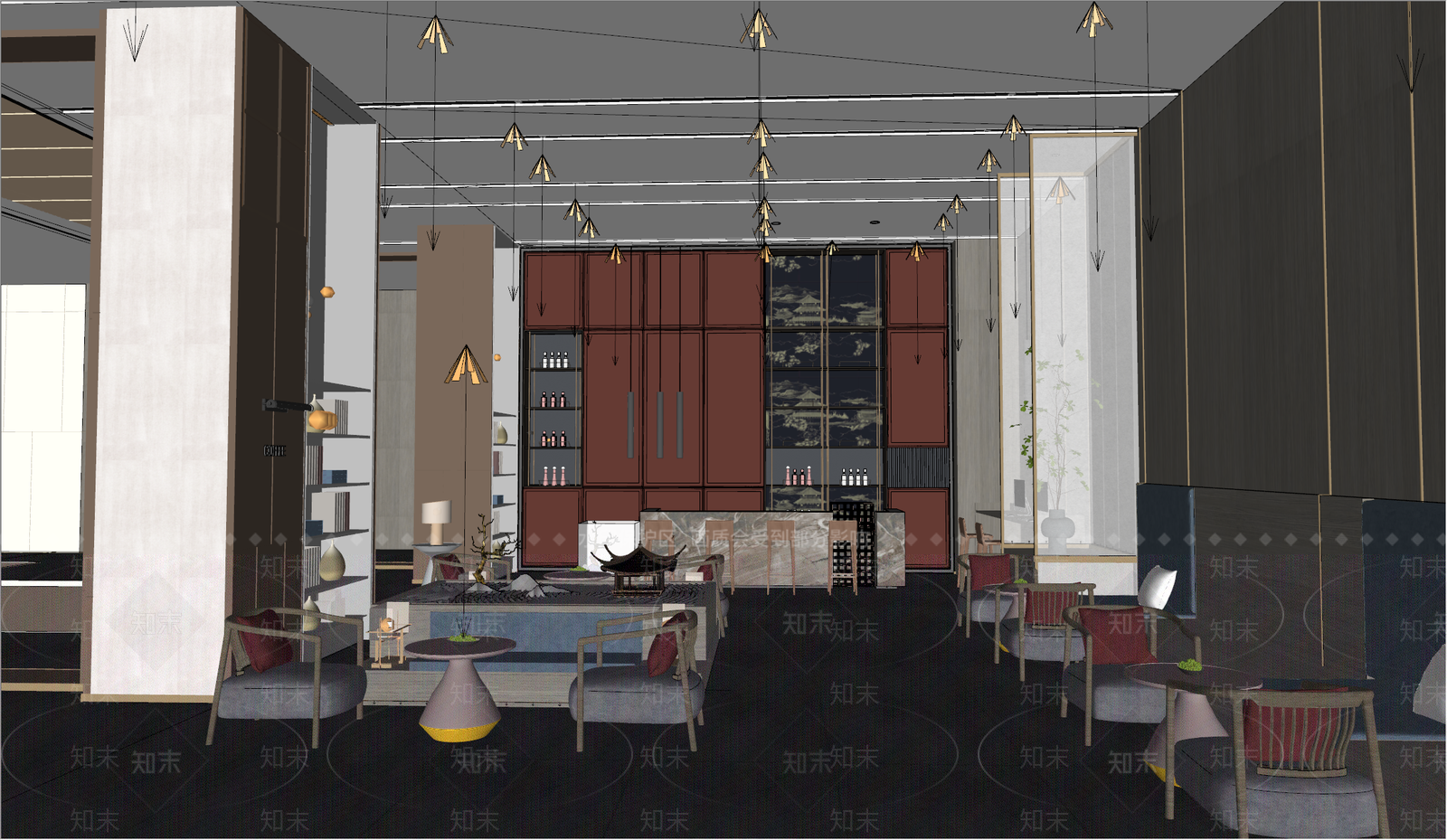 新中式酒店大堂SU模型下载【ID:1134478636】
