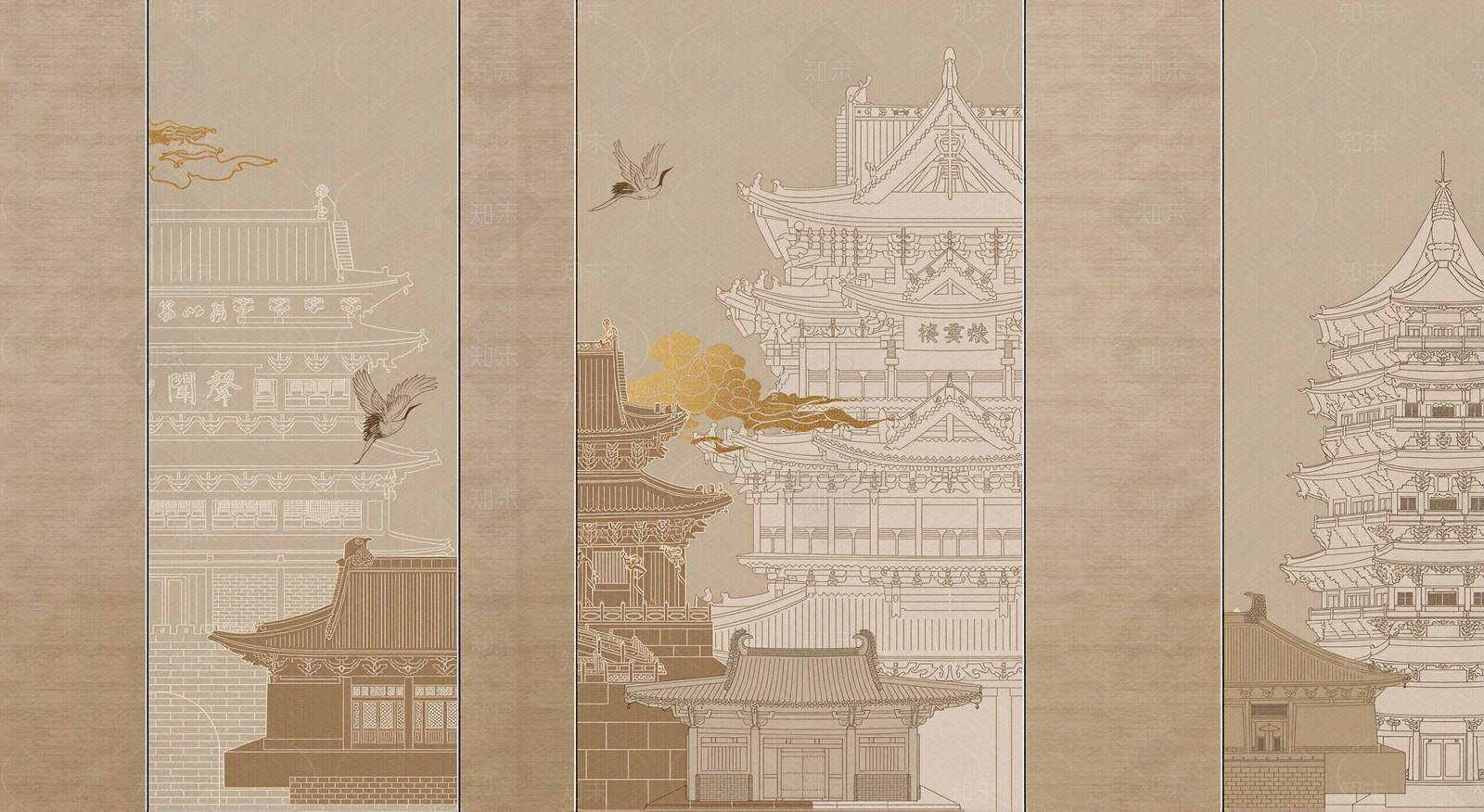 中式建筑印花壁纸贴图下载【ID:1195373190】