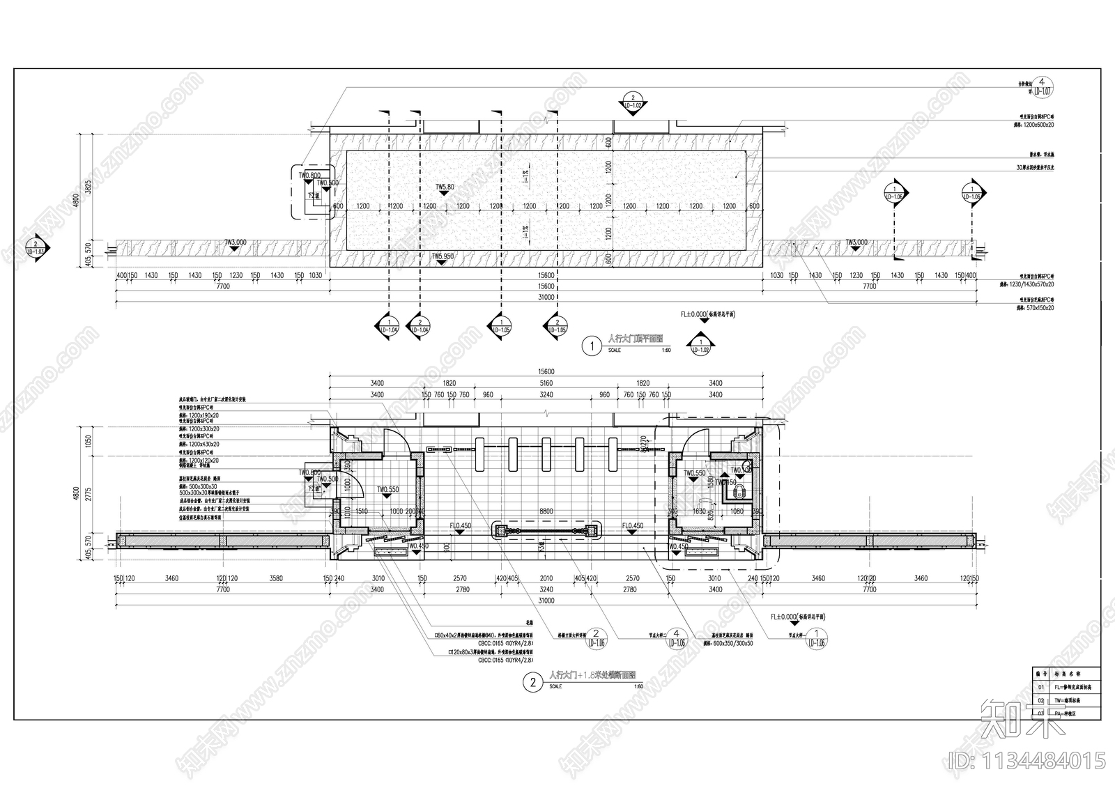 现代小区人行入口大门cad施工图下载【ID:1134484015】