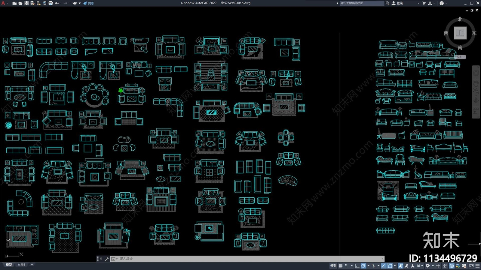 CAD常用沙发平立面施工图下载【ID:1134496729】