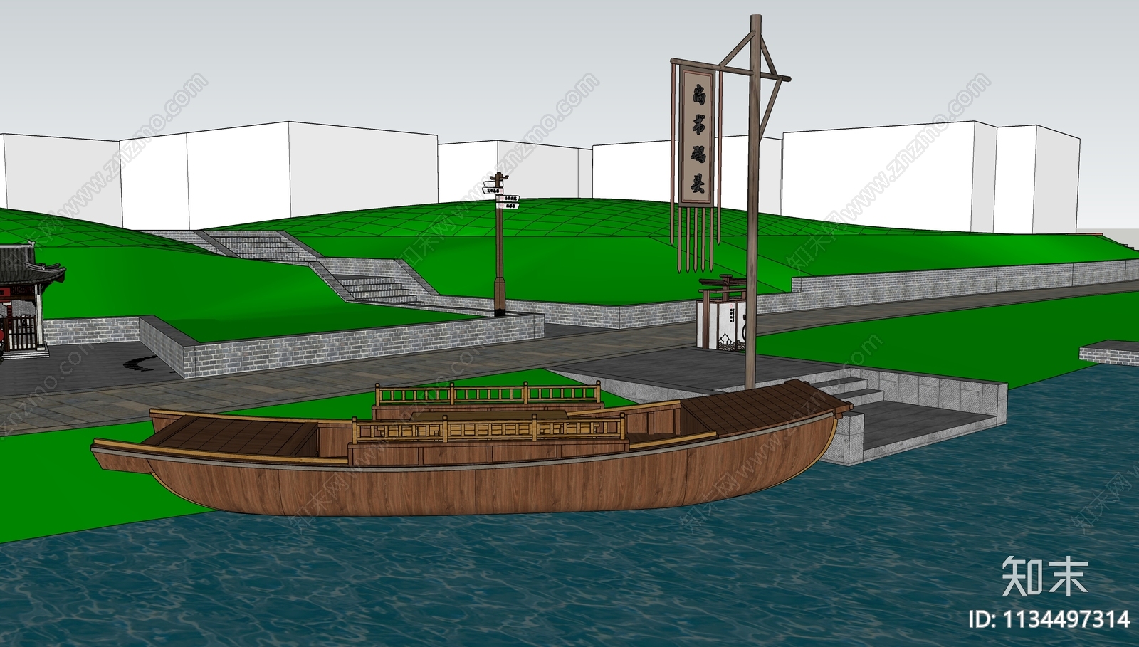 中式滨水景观码头SU模型下载【ID:1134497314】
