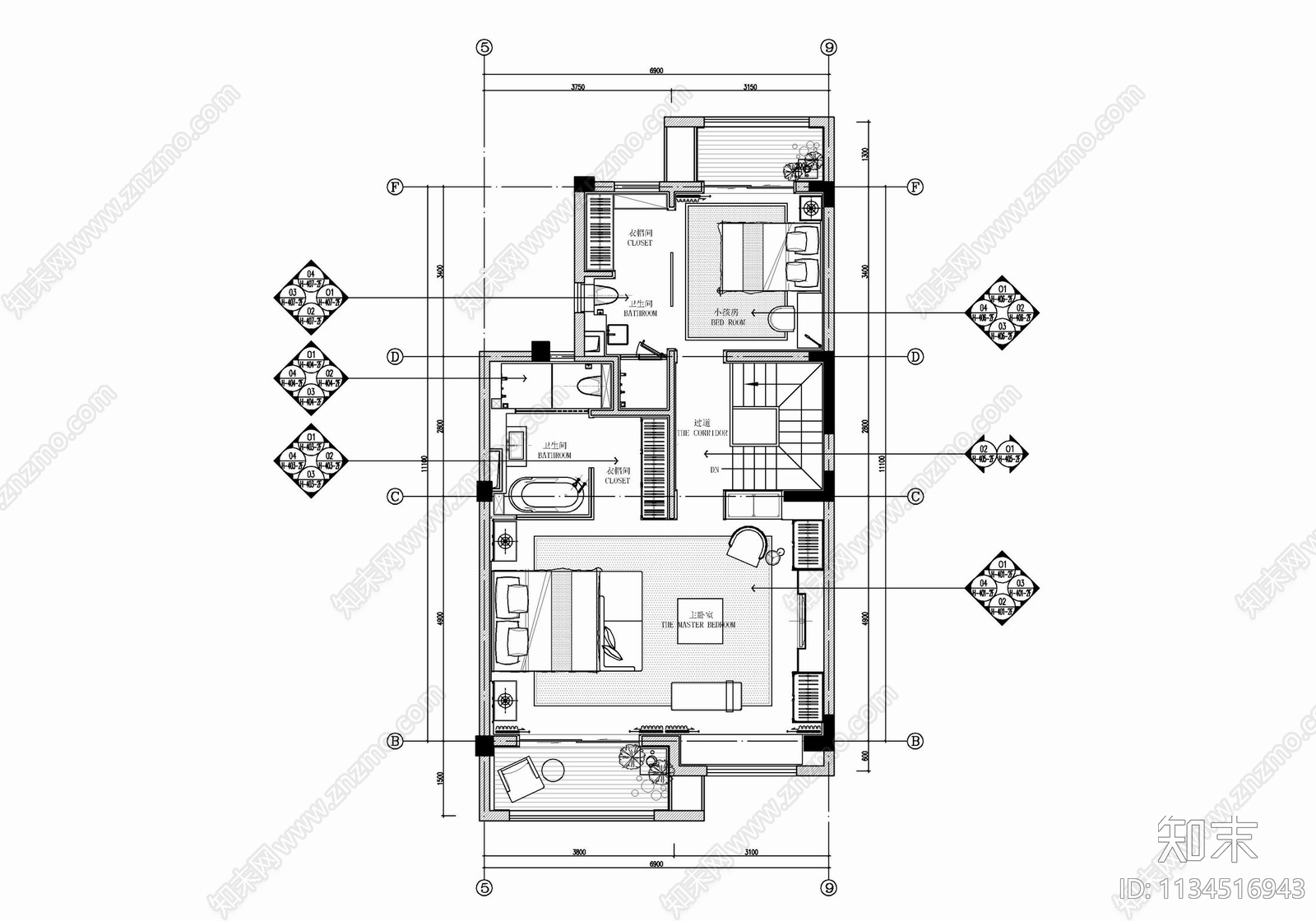 四层别墅室内cad施工图下载【ID:1134516943】