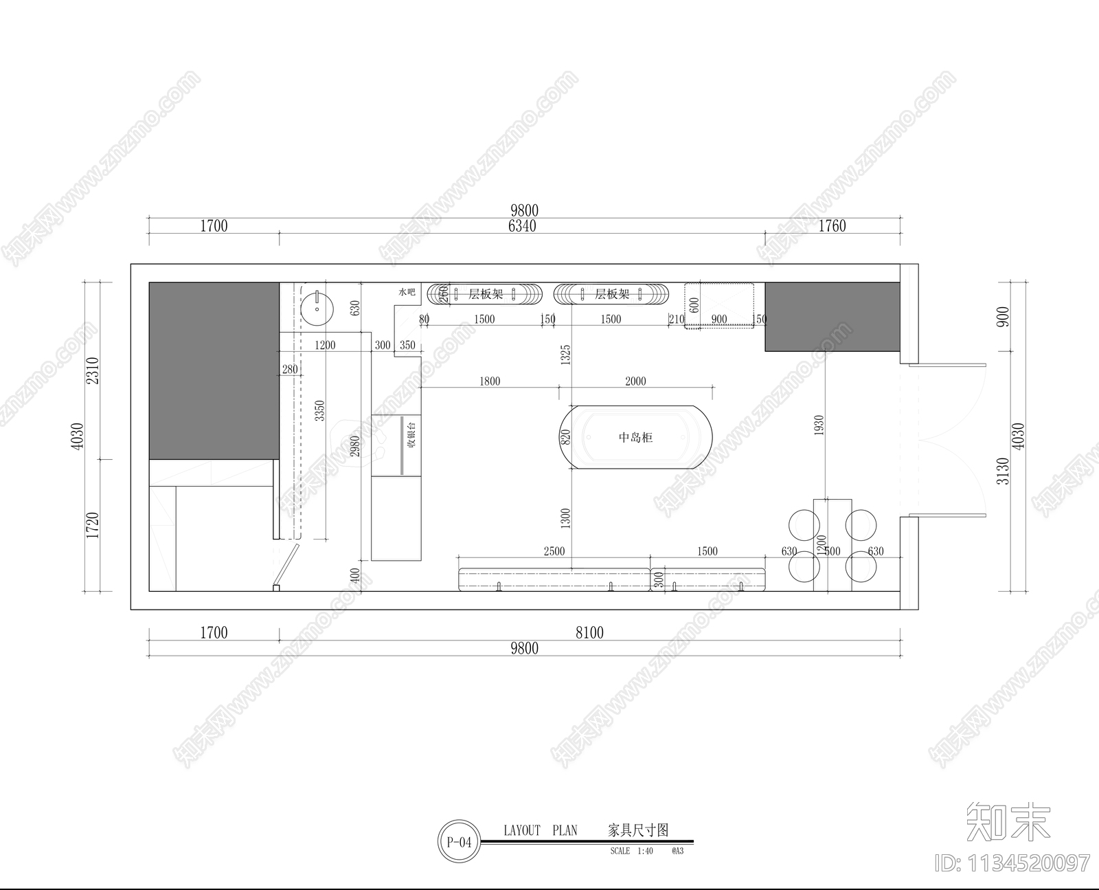 面包吐司专卖店效果图cad施工图下载【ID:1134520097】