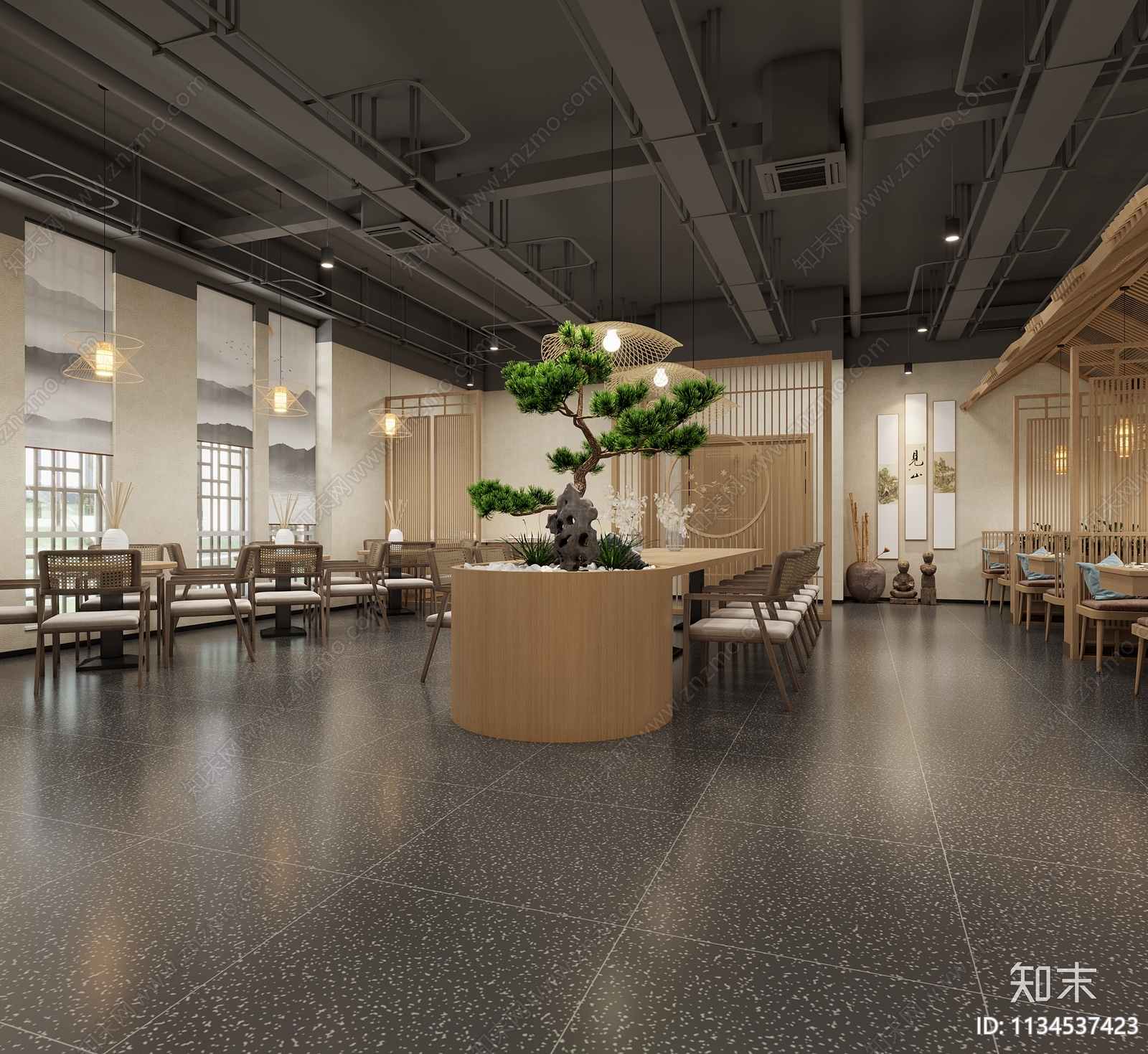 新中式原木风中餐厅3D模型下载【ID:1134537423】