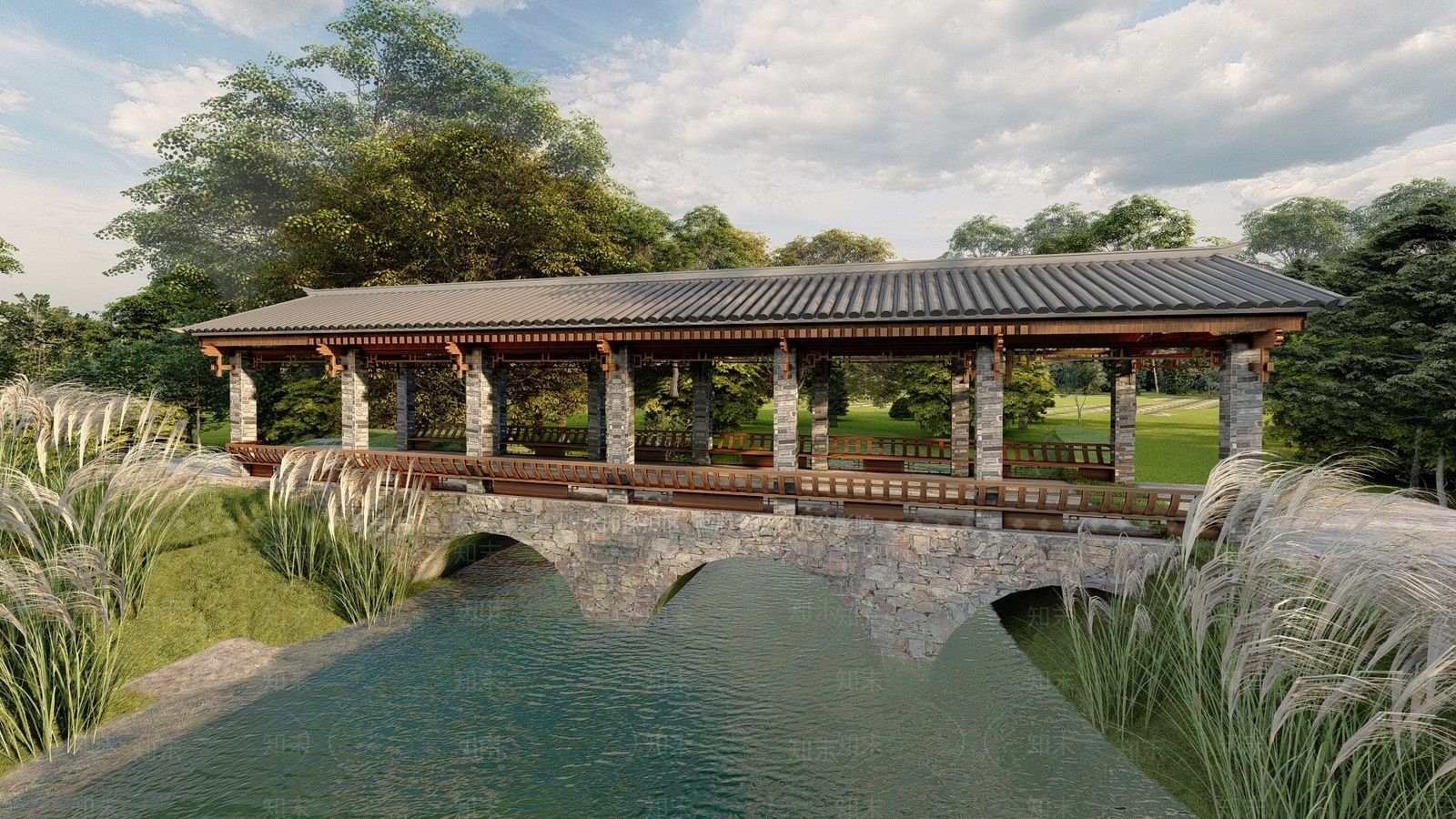 中式水上廊桥SU模型下载【ID:1134540289】