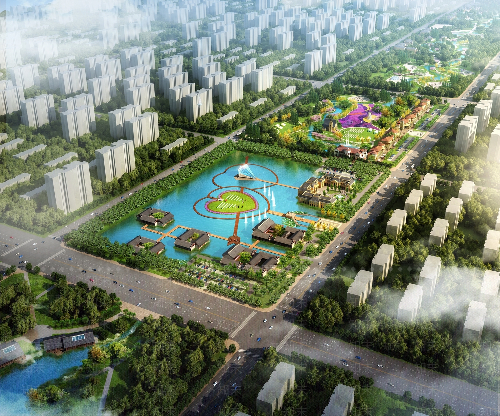 现代城市爱情主题滨水公园3D模型下载【ID:1134546602】