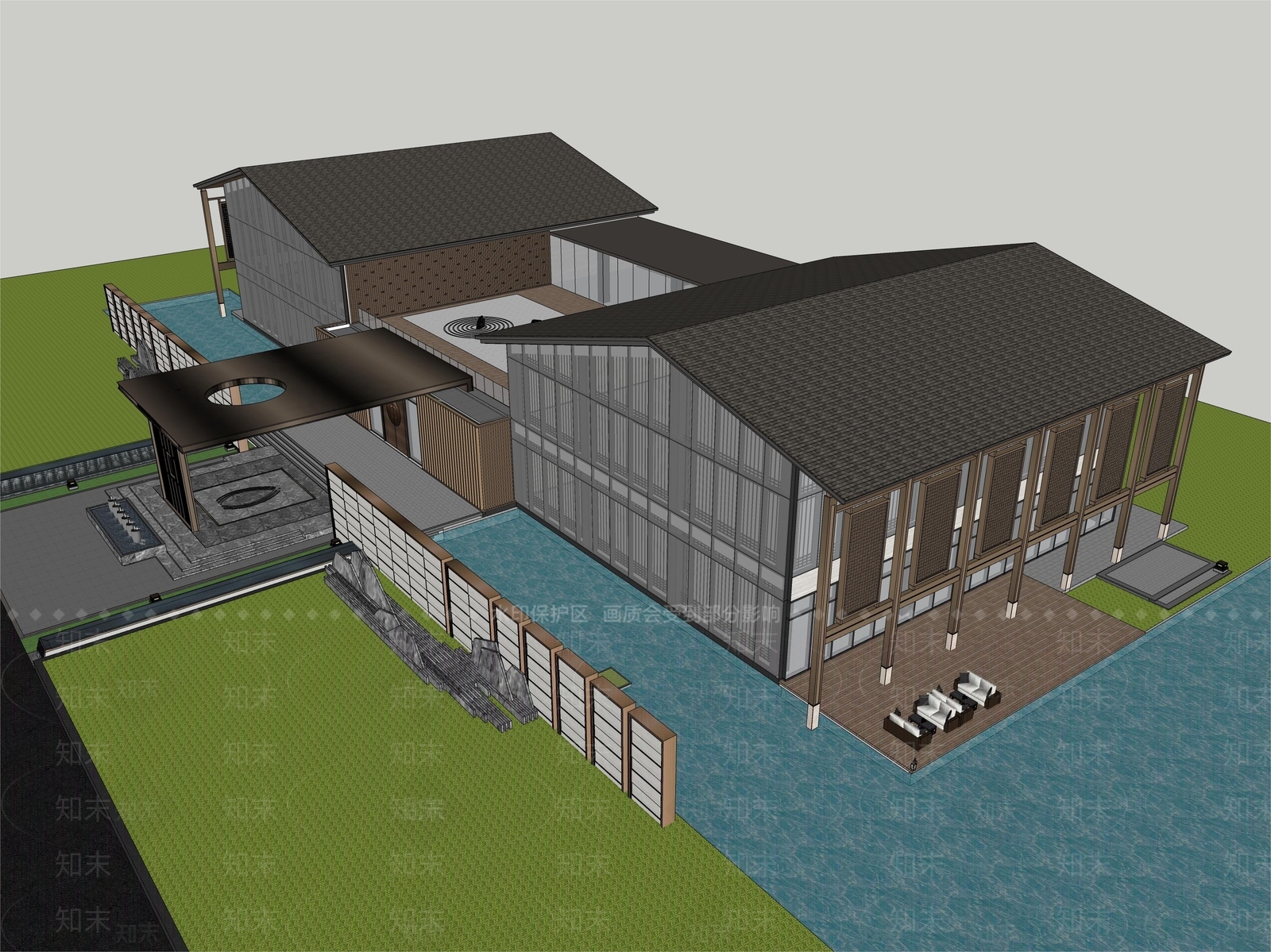 中式风格展览馆建筑SU模型下载【ID:1134556918】