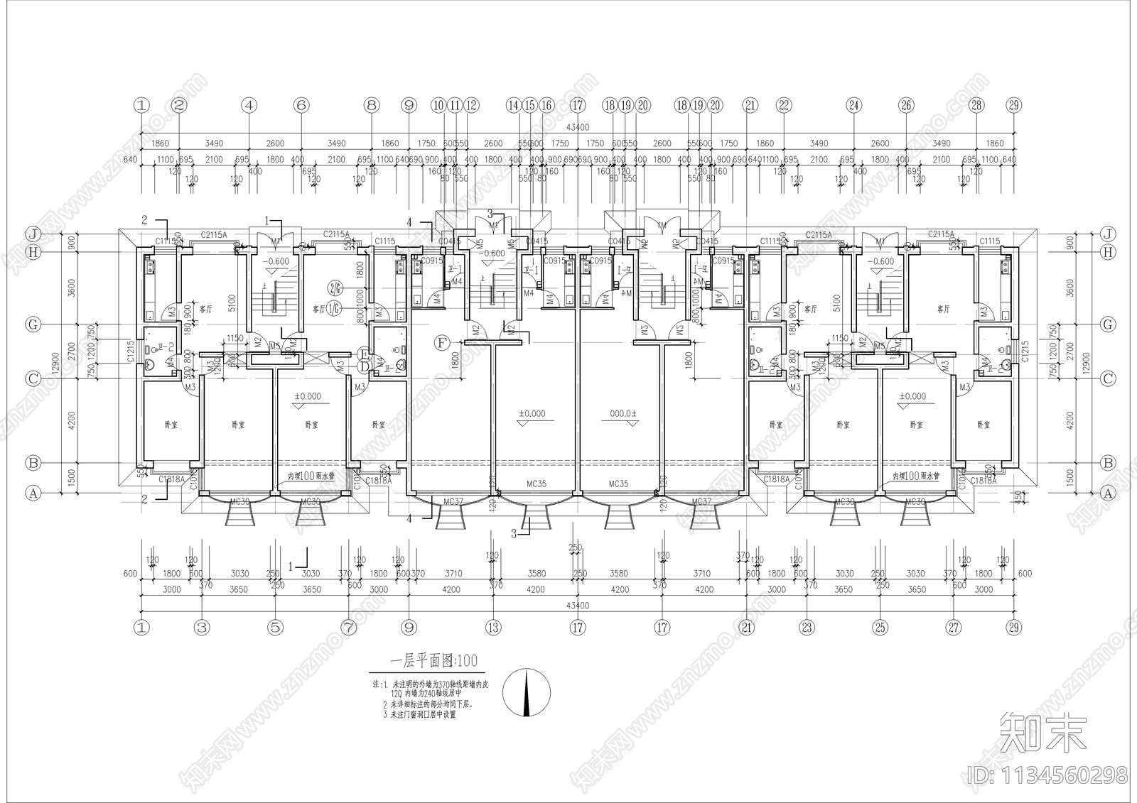 四层公寓建筑cad施工图下载【ID:1134560298】