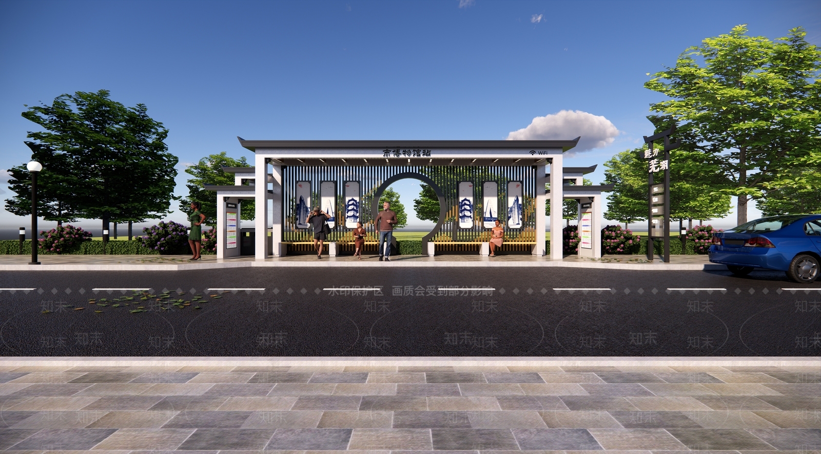 新中式徽派公交车站SU模型下载【ID:1134568163】