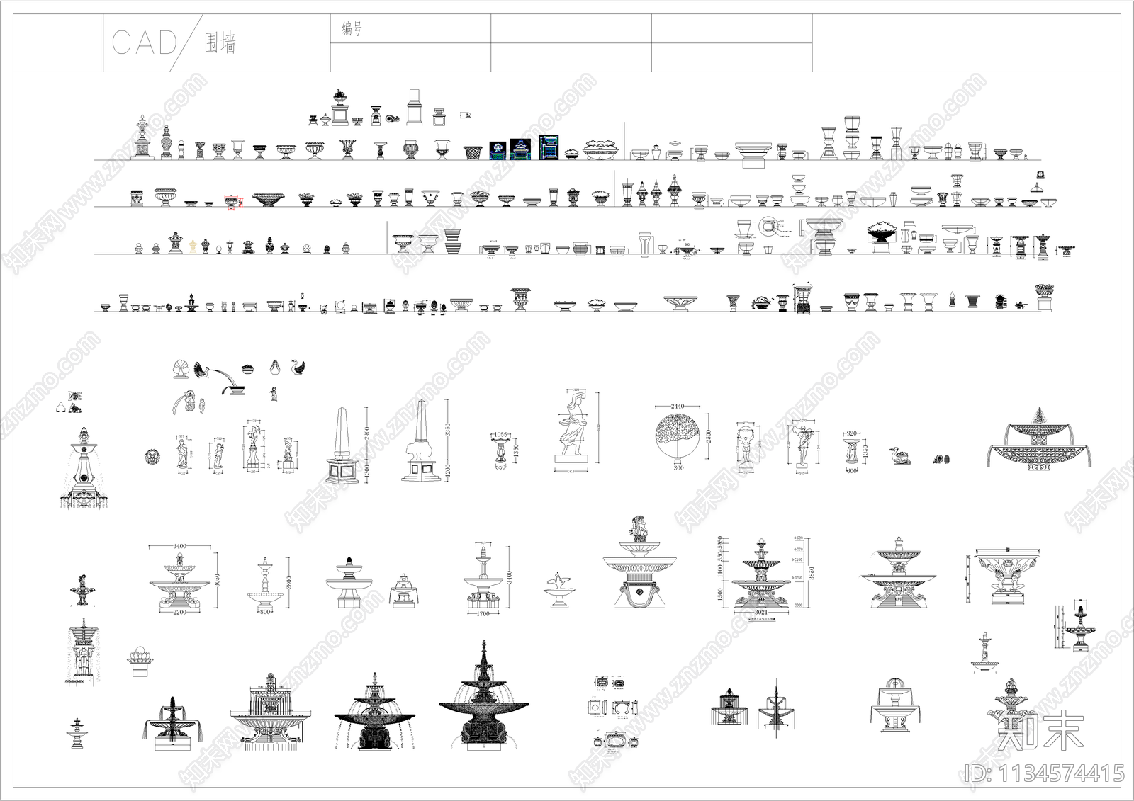 喷泉栏杆围墙景观构件cad施工图下载【ID:1134574415】