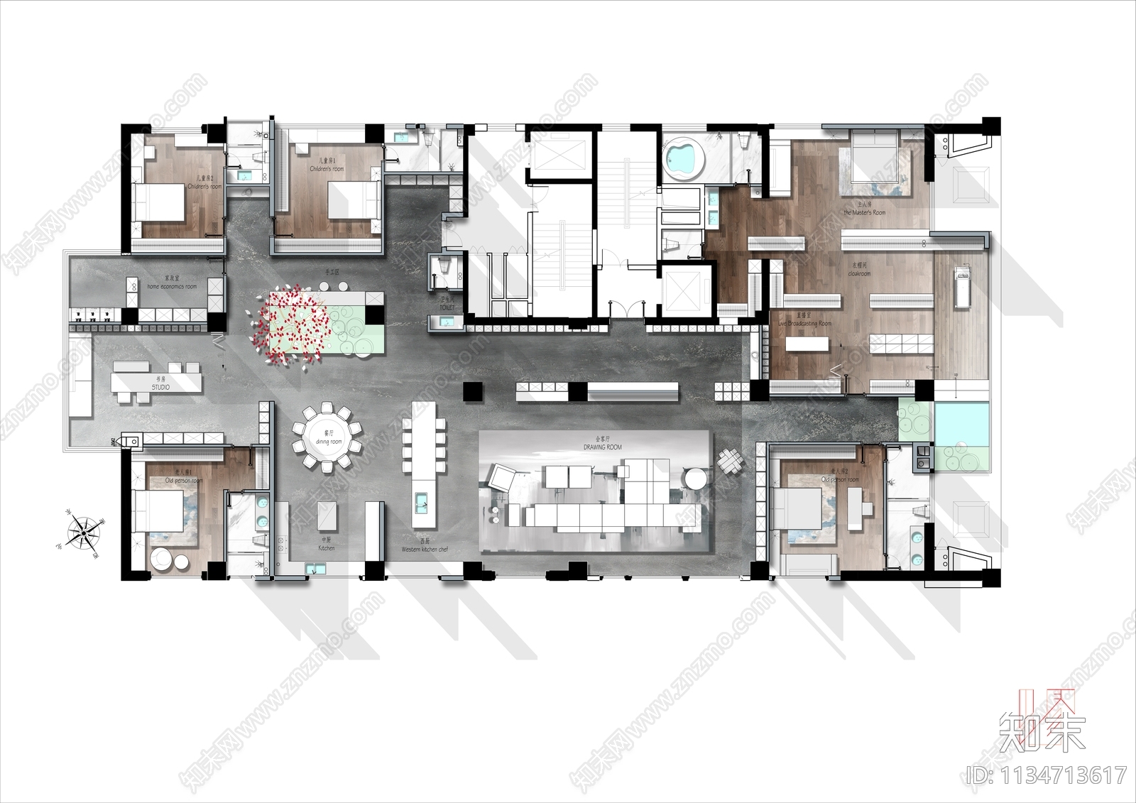 600㎡家装大平层平面布局彩平图cad施工图下载【ID:1134713617】