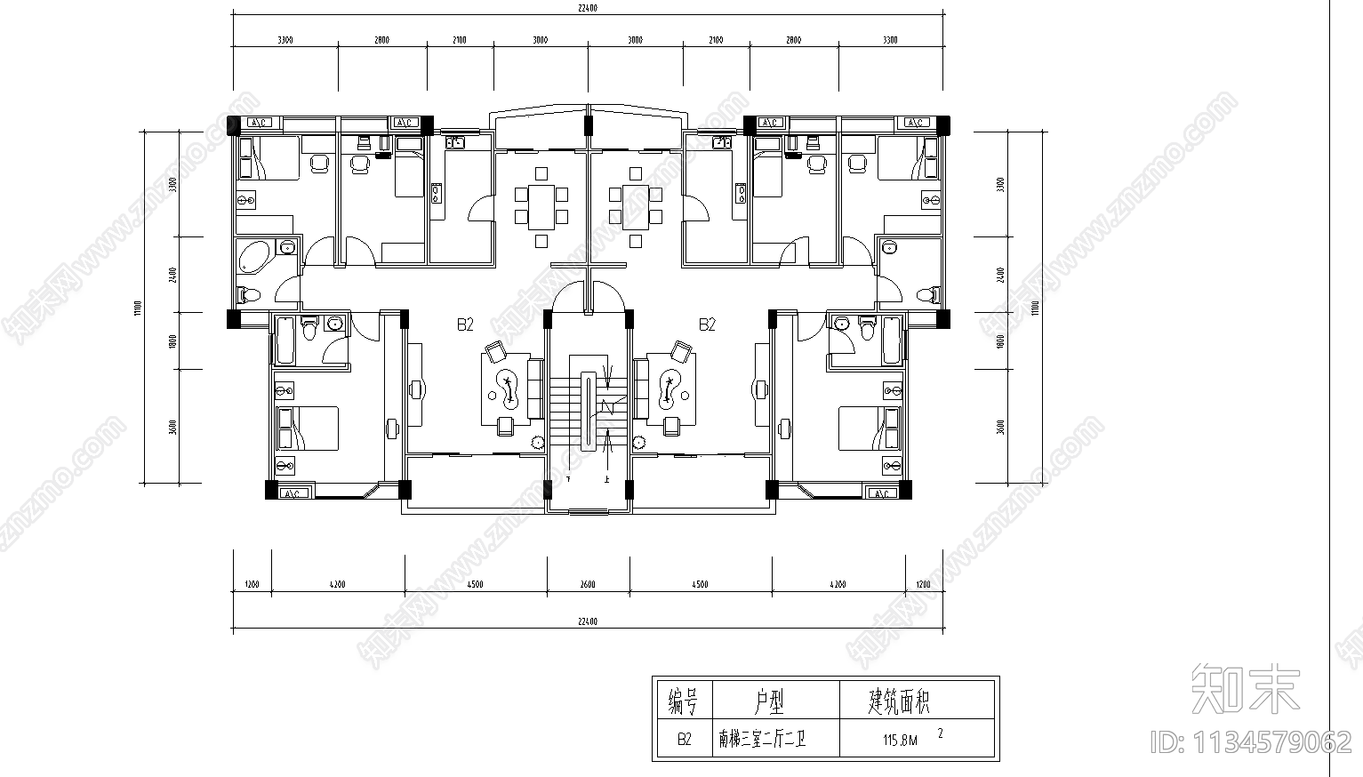 多层砖混户型平面施工图下载【ID:1134579062】