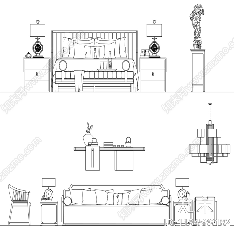 中式家具平面立面施工图下载【ID:1134589182】