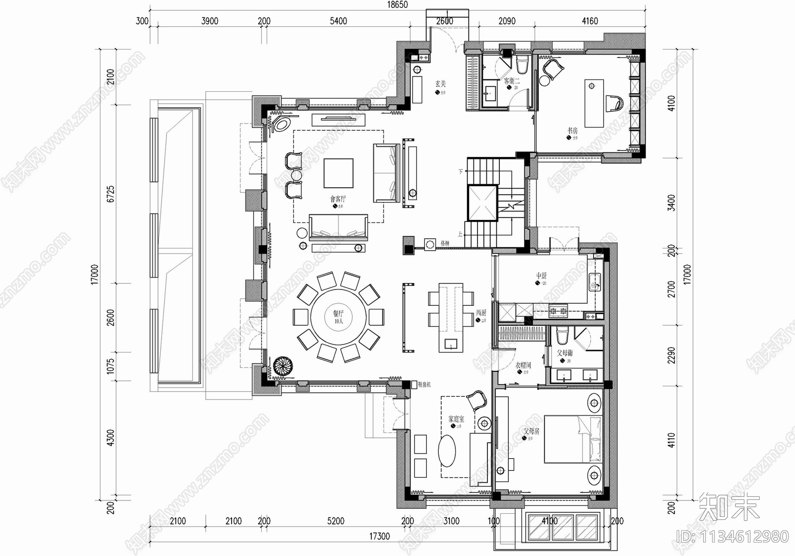 三层别墅室内cad施工图下载【ID:1134612980】