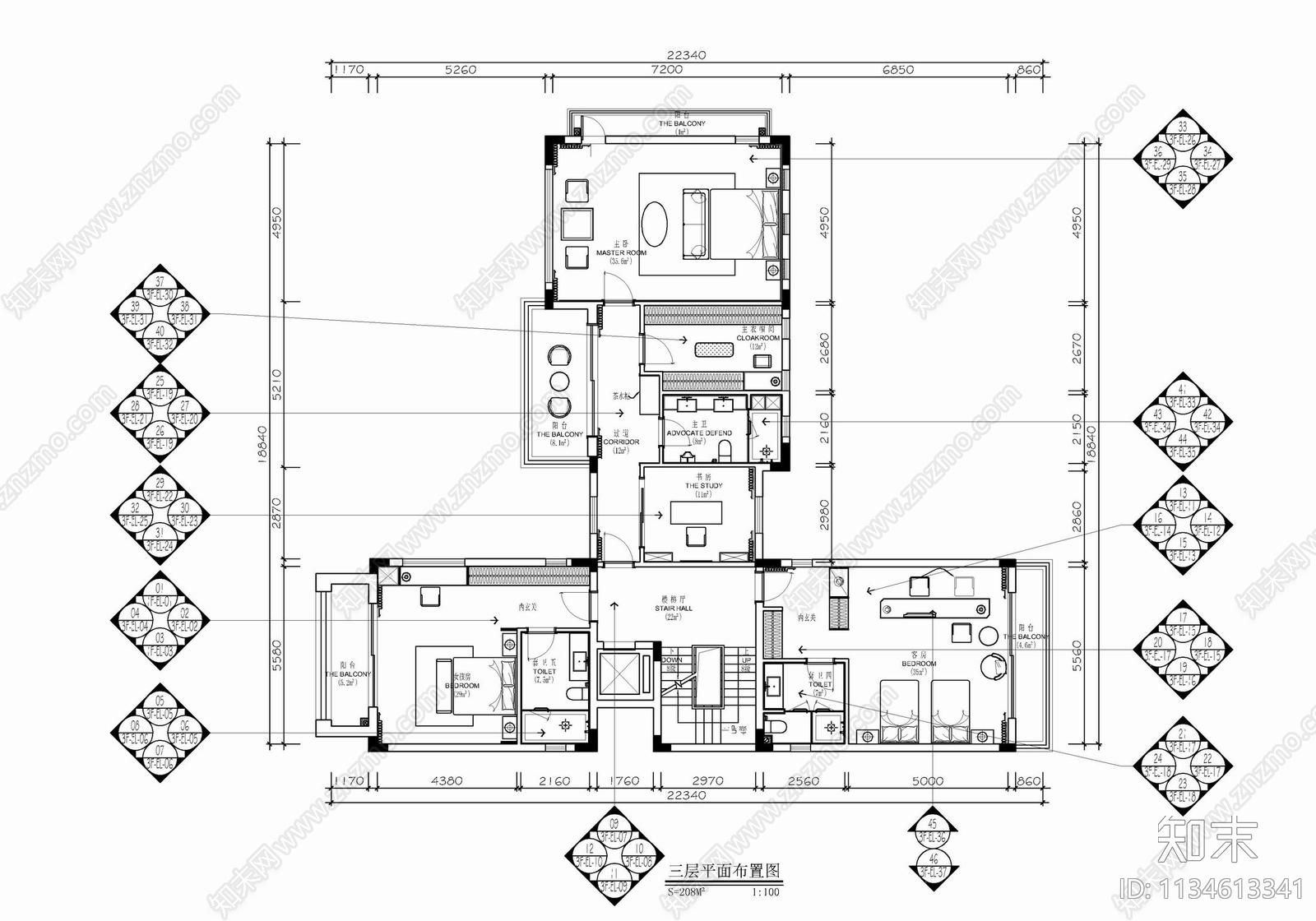 新中式豪华别墅室内施工图下载【ID:1134613341】