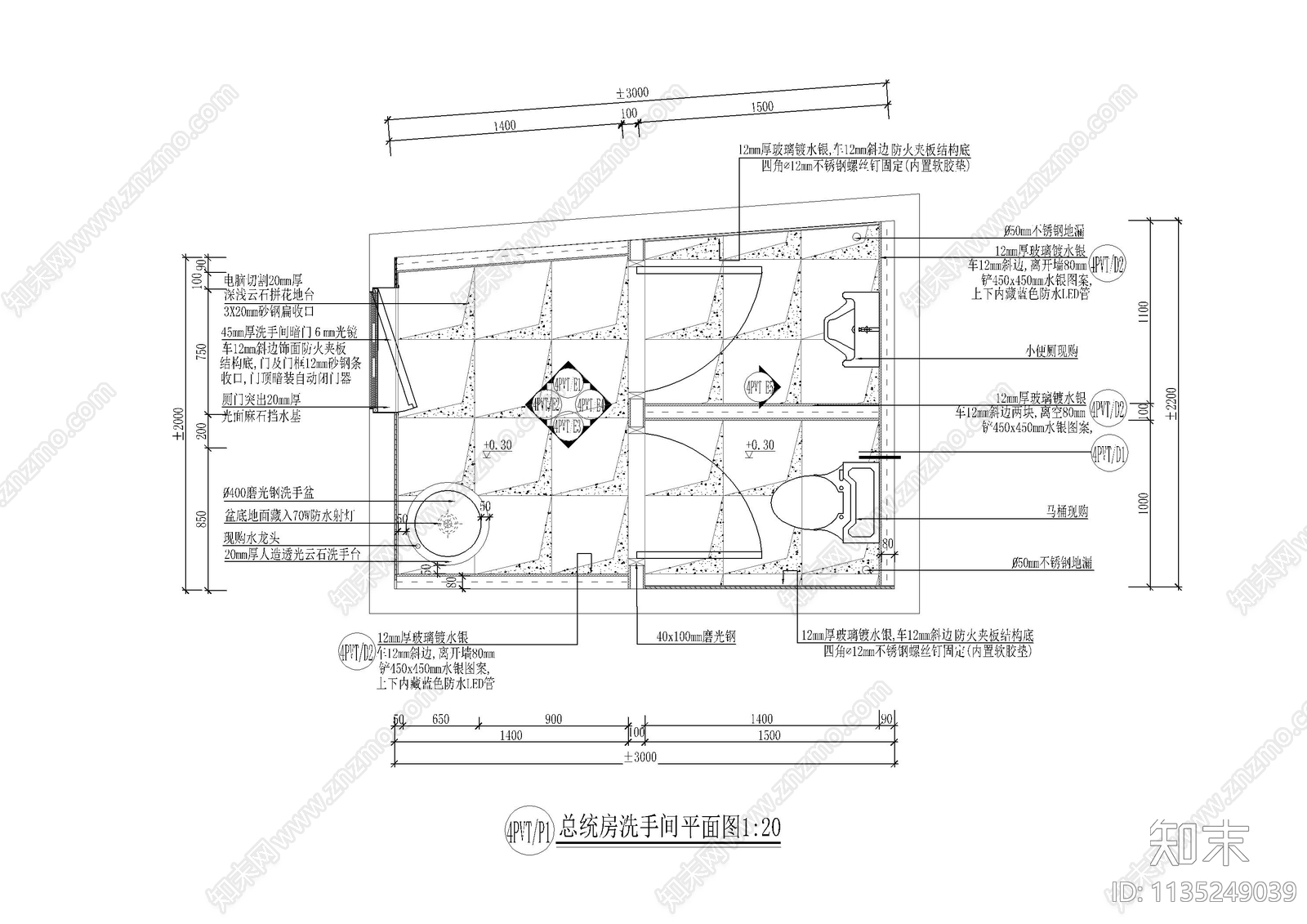 KTV总统房洗手间装修图cad施工图下载【ID:1135249039】