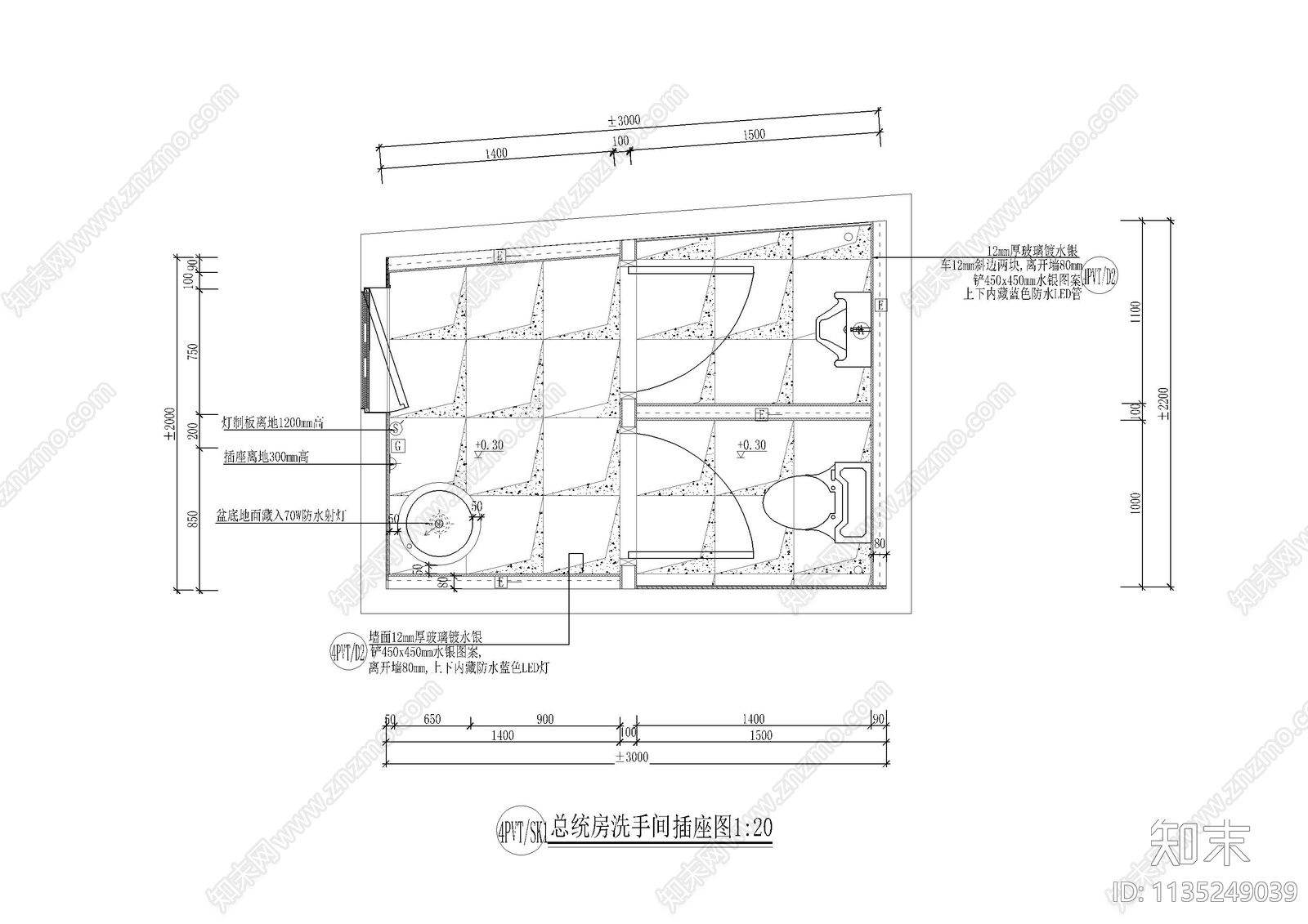 KTV总统房洗手间装修图cad施工图下载【ID:1135249039】