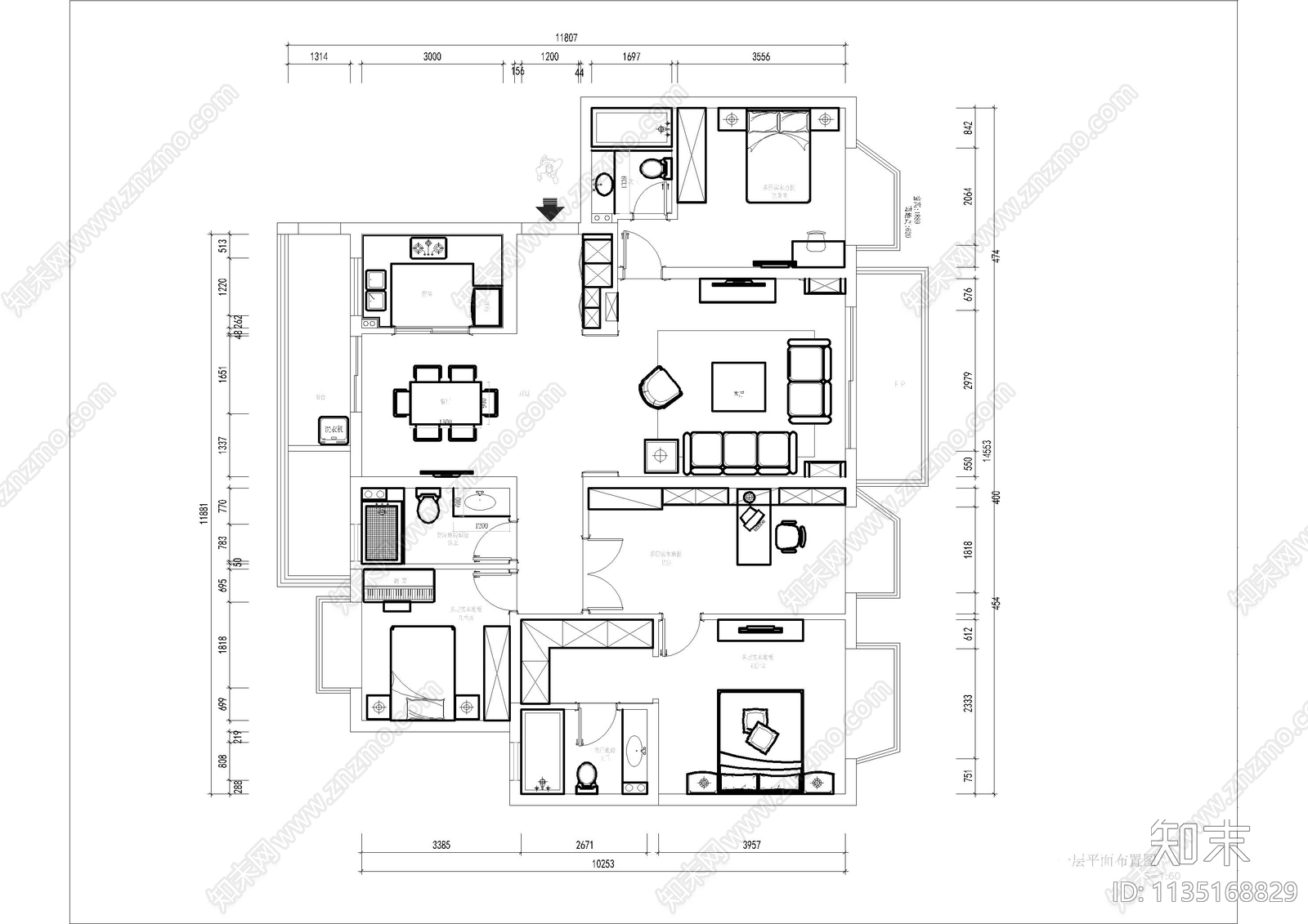 简欧风四居室装修cad施工图下载【ID:1135168829】