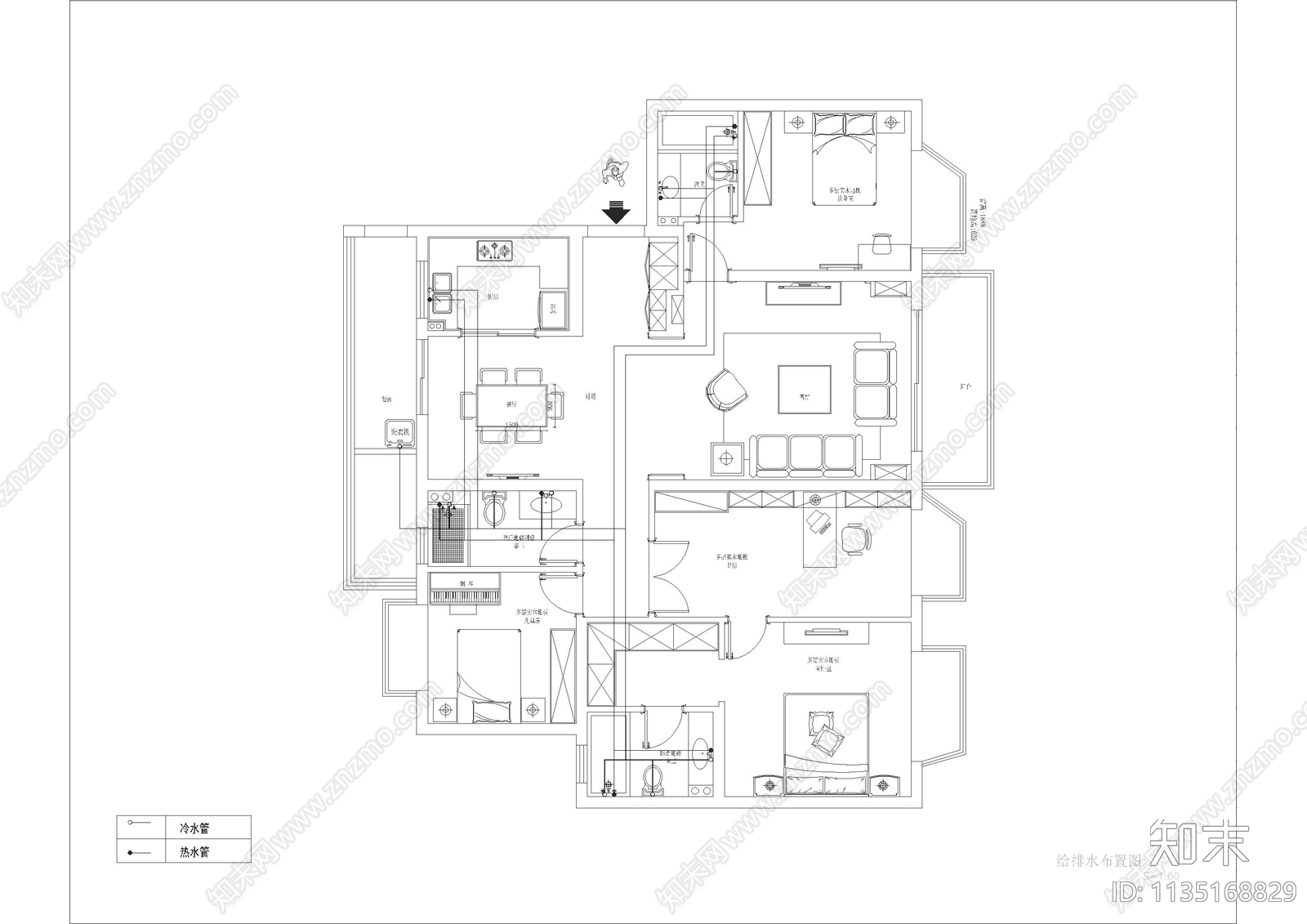 简欧风四居室装修cad施工图下载【ID:1135168829】