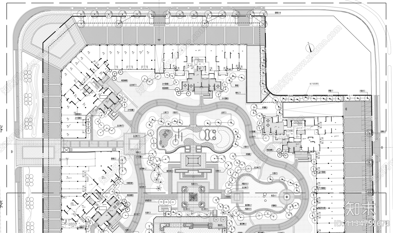 北方住宅小区绿化平面图cad施工图下载【ID:1134755673】