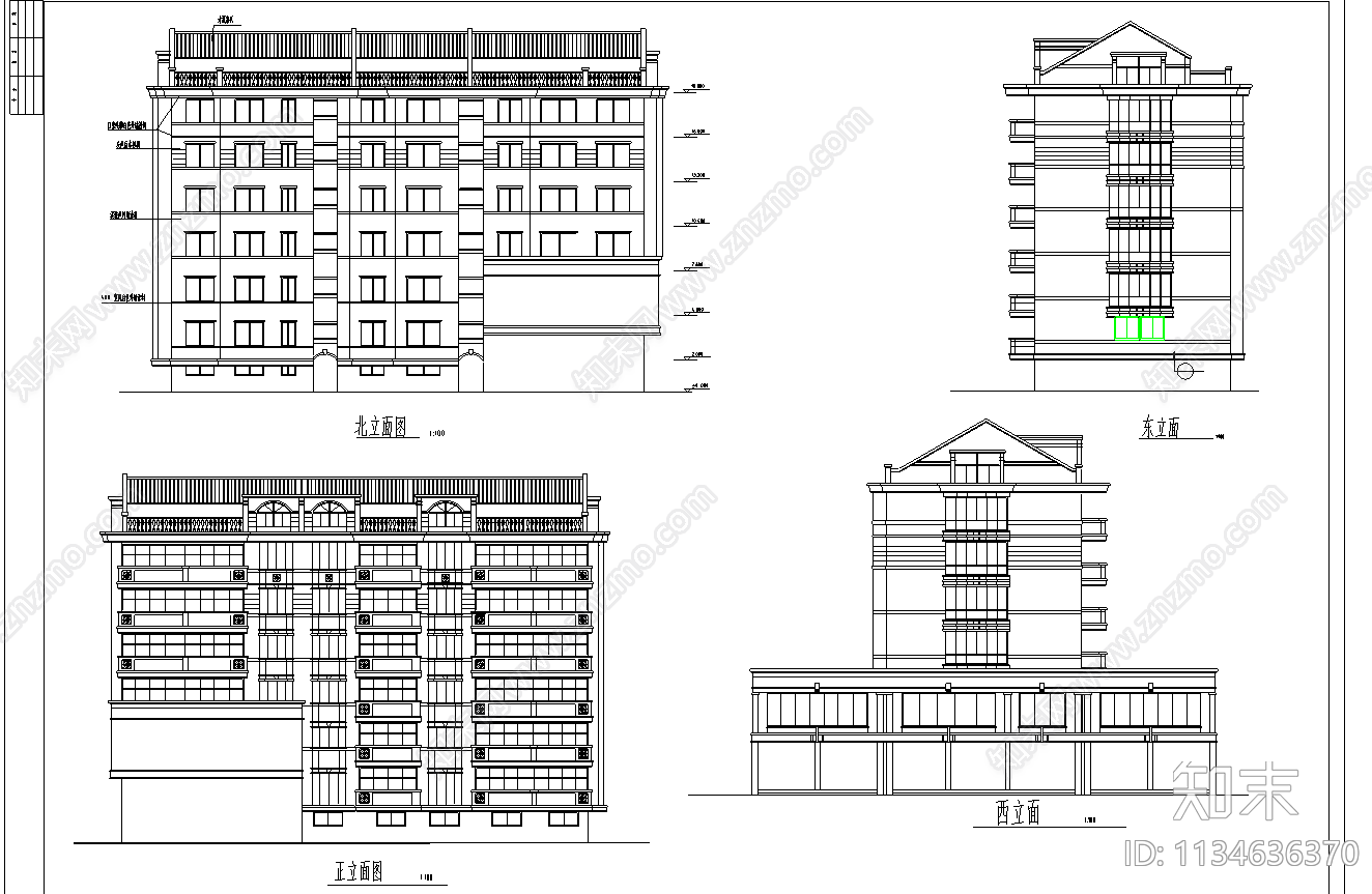 六层商住楼建筑cad施工图下载【ID:1134636370】