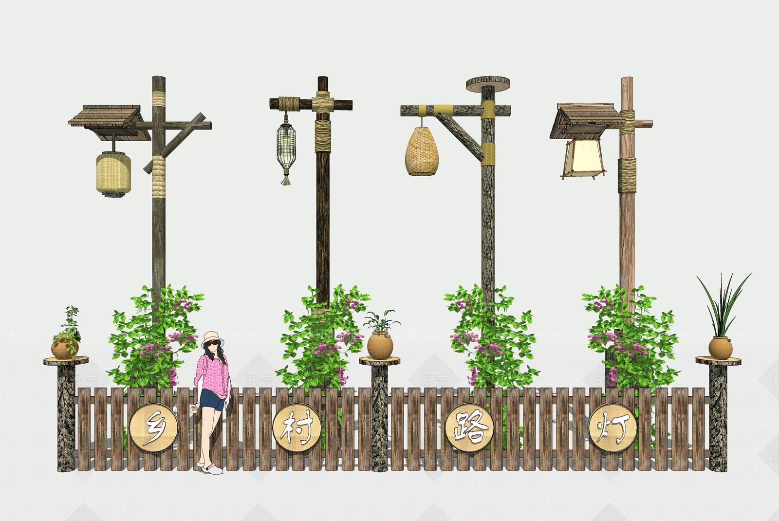 中式乡村路灯SU模型下载【ID:1134643680】