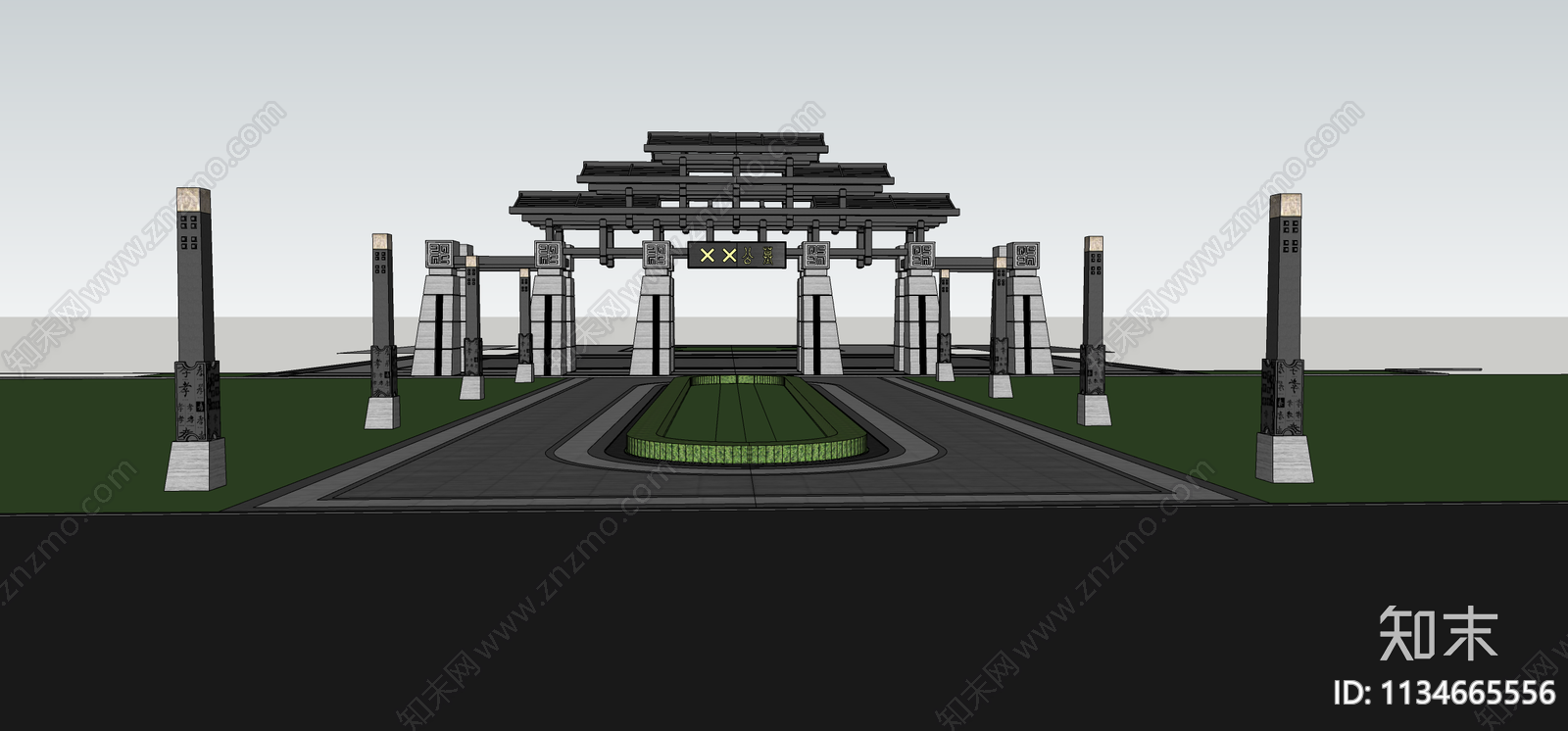 中式墓地入口牌坊牌楼SU模型下载【ID:1134665556】