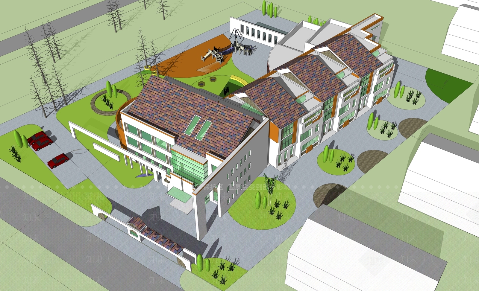 现代坡屋顶幼儿园SU模型下载【ID:1134672786】