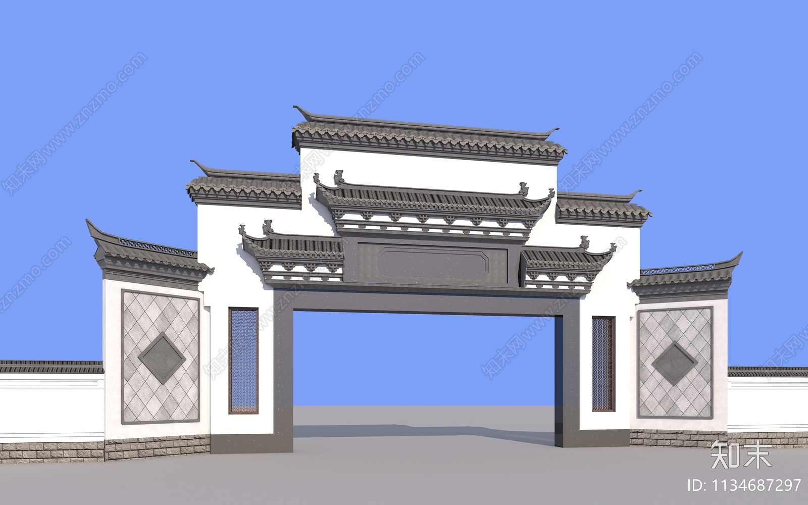 新中式大门围墙3D模型下载【ID:1134687297】