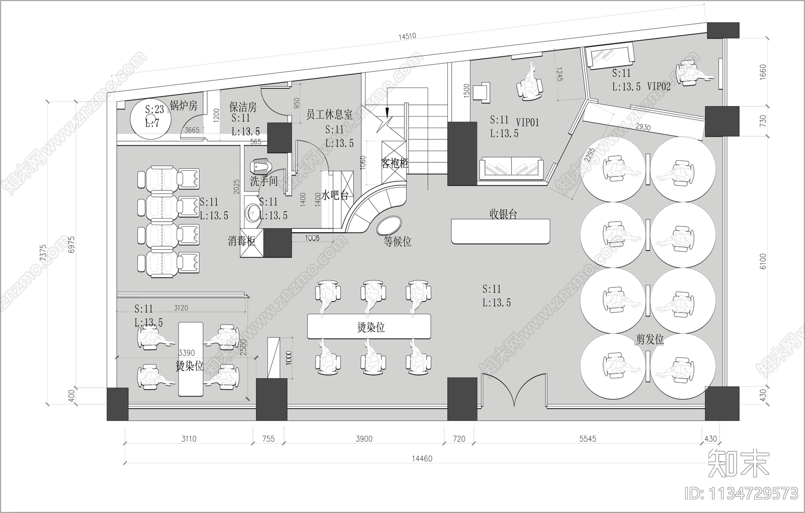 美发沙龙理发发廊平面图施工图下载【ID:1134729573】