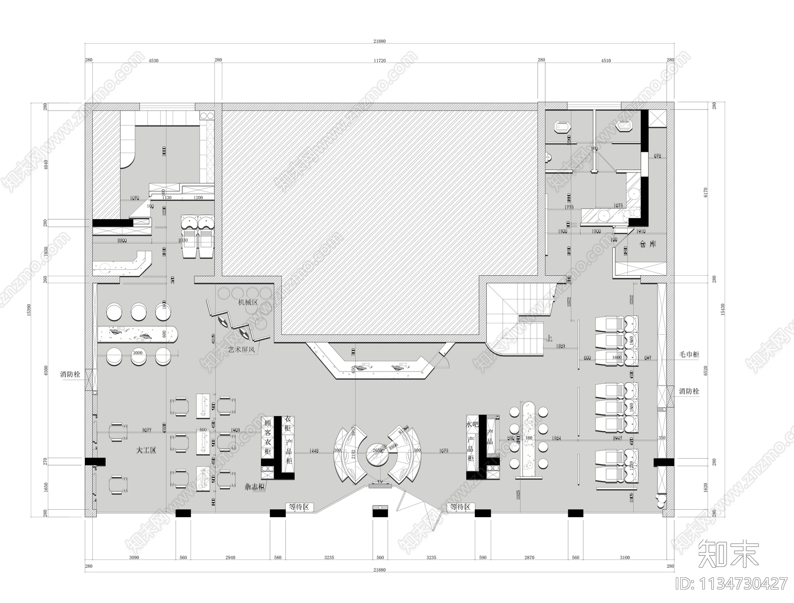 美发沙龙形象造型店平面布置图施工图下载【ID:1134730427】
