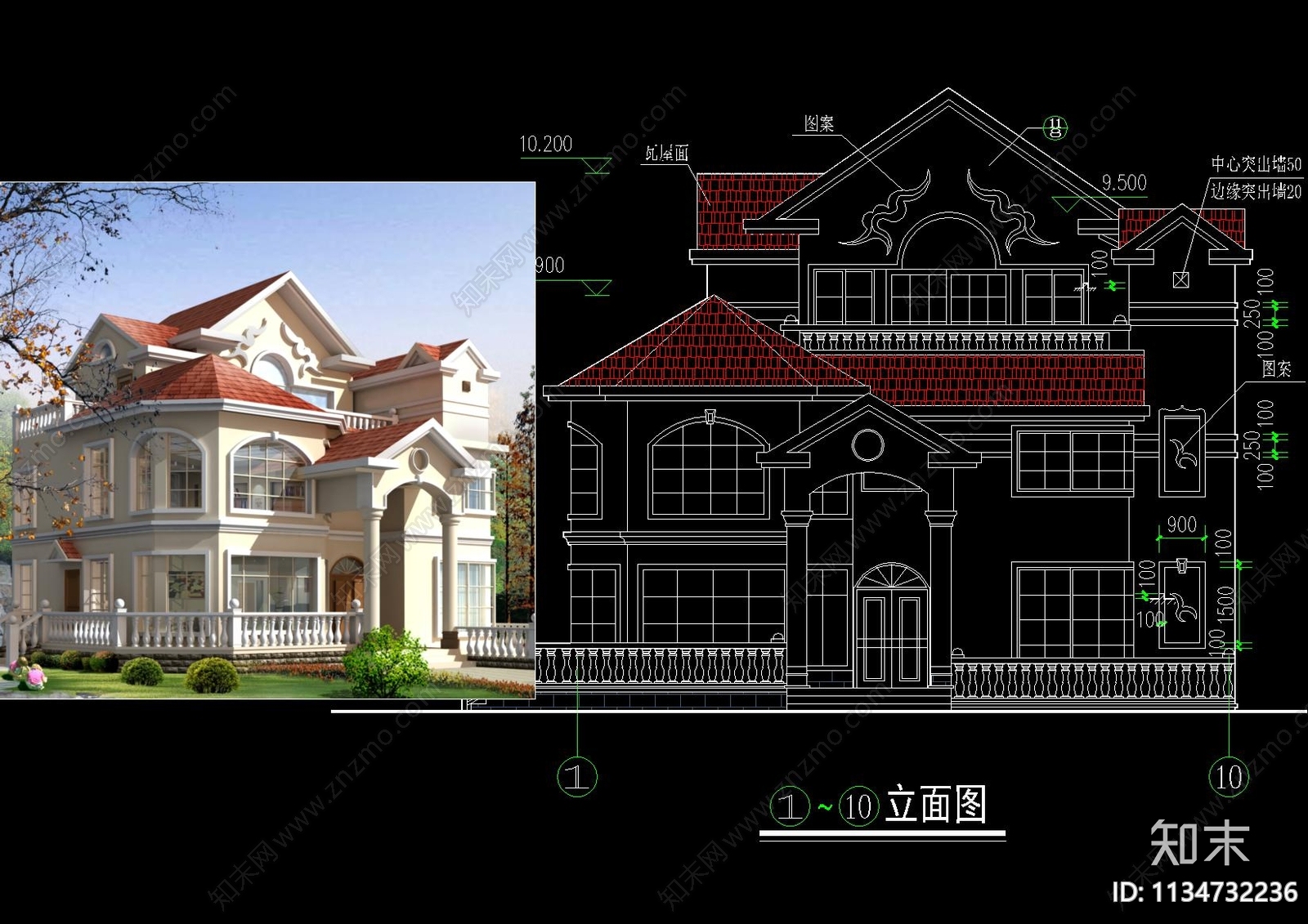 欧式三层独栋别墅建筑cad施工图下载【ID:1134732236】