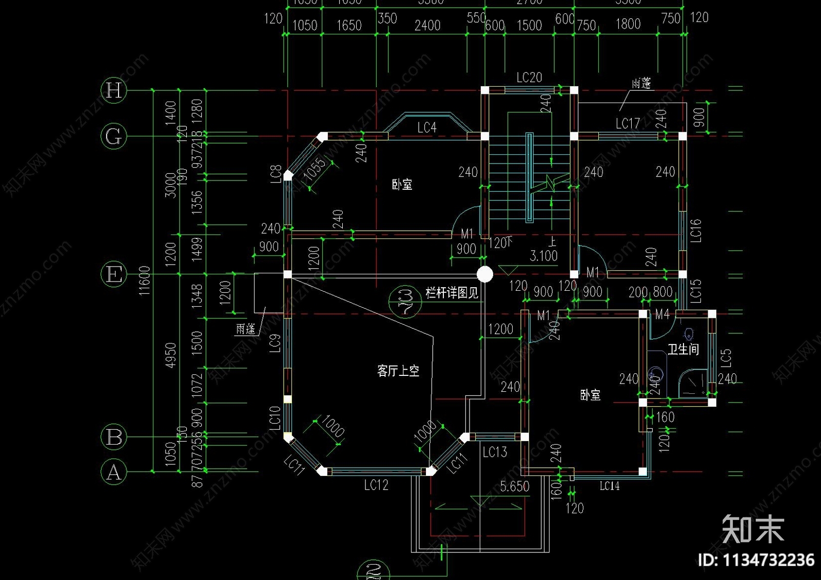 欧式三层独栋别墅建筑cad施工图下载【ID:1134732236】