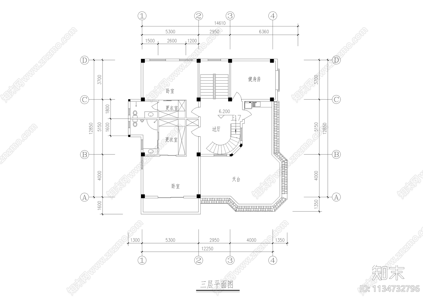 农村自建三层欧式别墅建筑cad施工图下载【ID:1134732796】