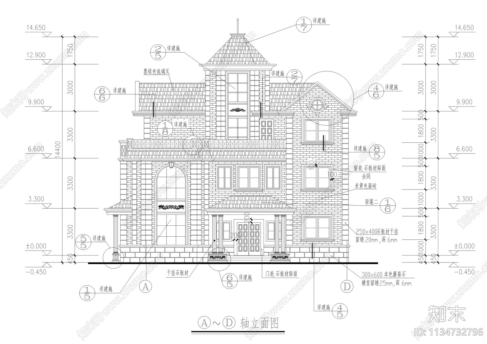 农村自建三层欧式别墅建筑cad施工图下载【ID:1134732796】