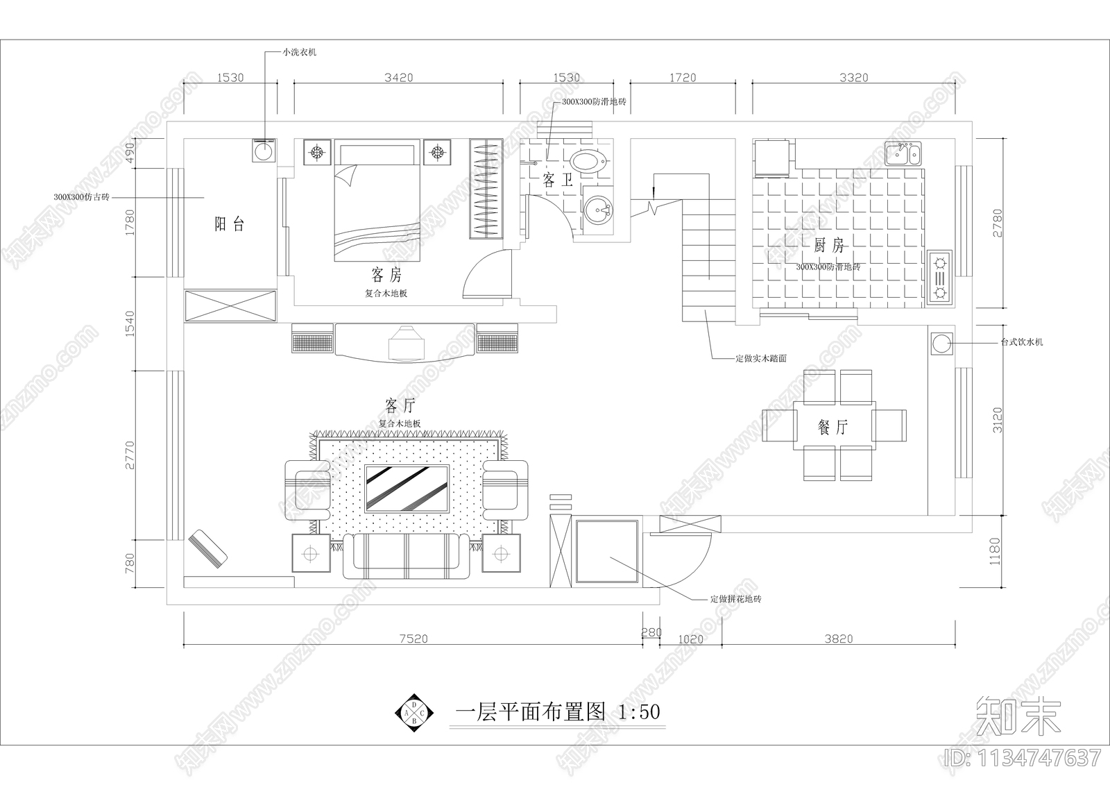 复式住宅室内cad施工图下载【ID:1134747637】