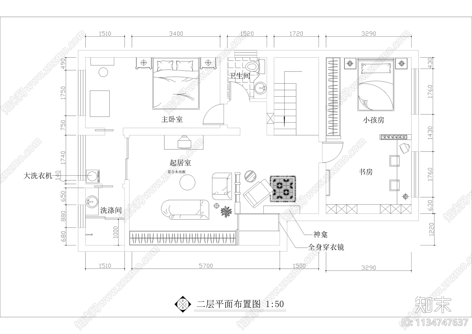 复式住宅室内cad施工图下载【ID:1134747637】