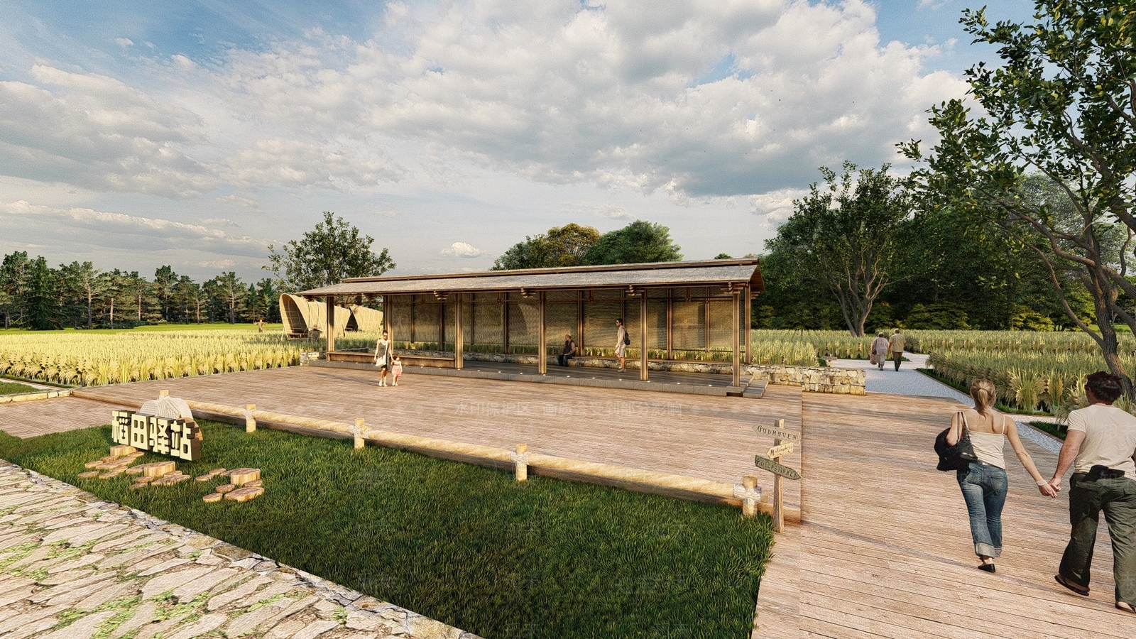 新中式乡村稻田驿站SU模型下载【ID:1134752702】