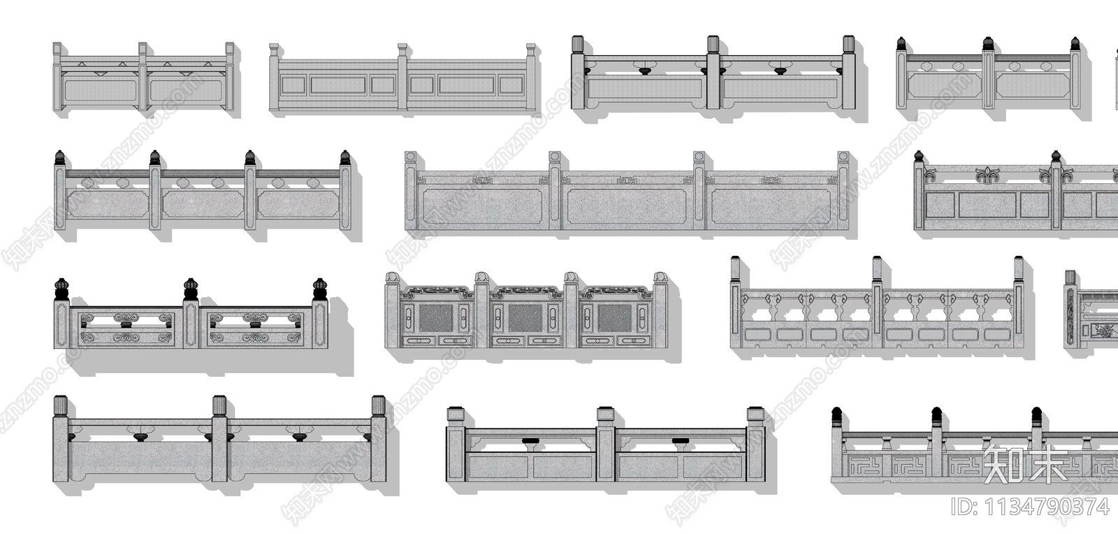 中式大理石栏杆雕花围栏汉白玉护栏SU模型下载【ID:1134790374】