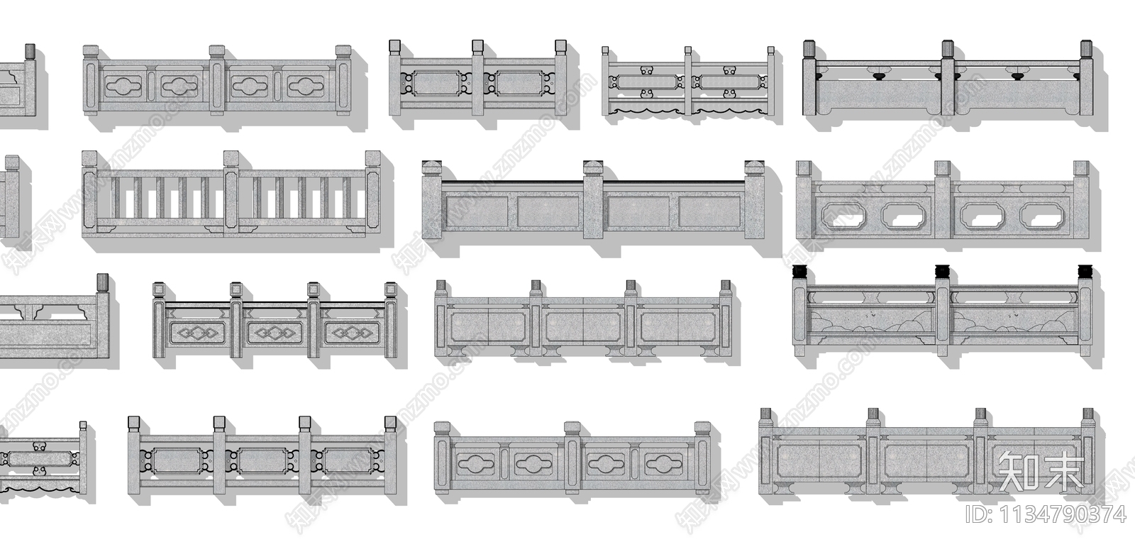 中式大理石栏杆雕花围栏汉白玉护栏SU模型下载【ID:1134790374】