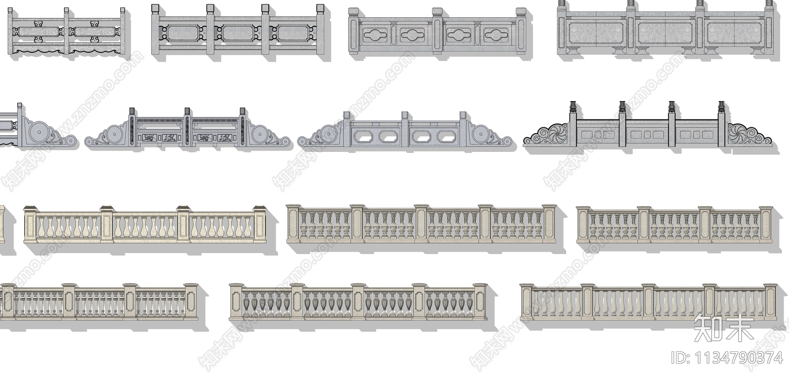 中式大理石栏杆雕花围栏汉白玉护栏SU模型下载【ID:1134790374】