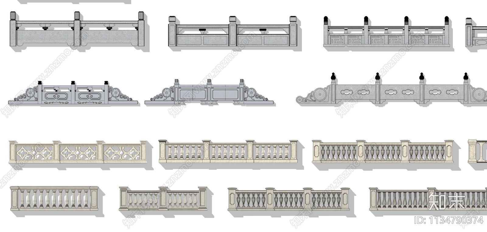 中式大理石栏杆雕花围栏汉白玉护栏SU模型下载【ID:1134790374】