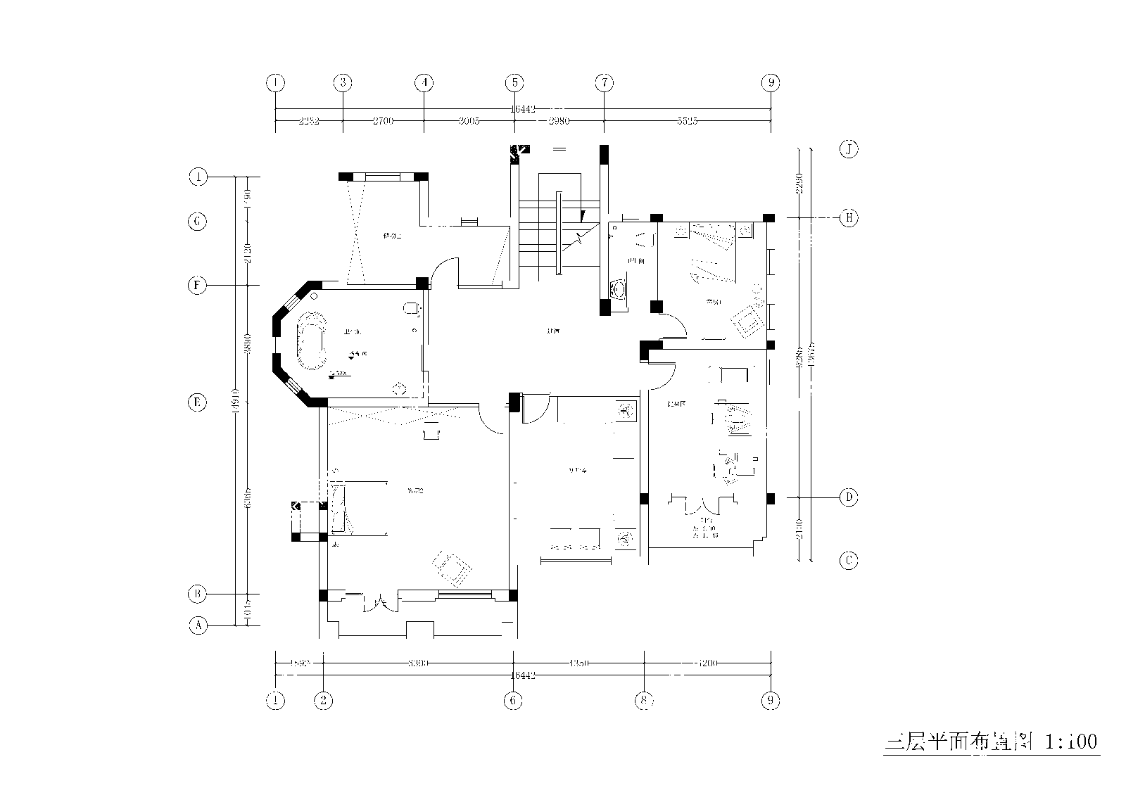 三层别墅室内cad施工图下载【ID:1134814892】