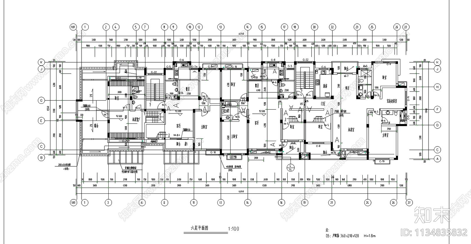 6层住宅楼建筑cad施工图下载【ID:1134835832】