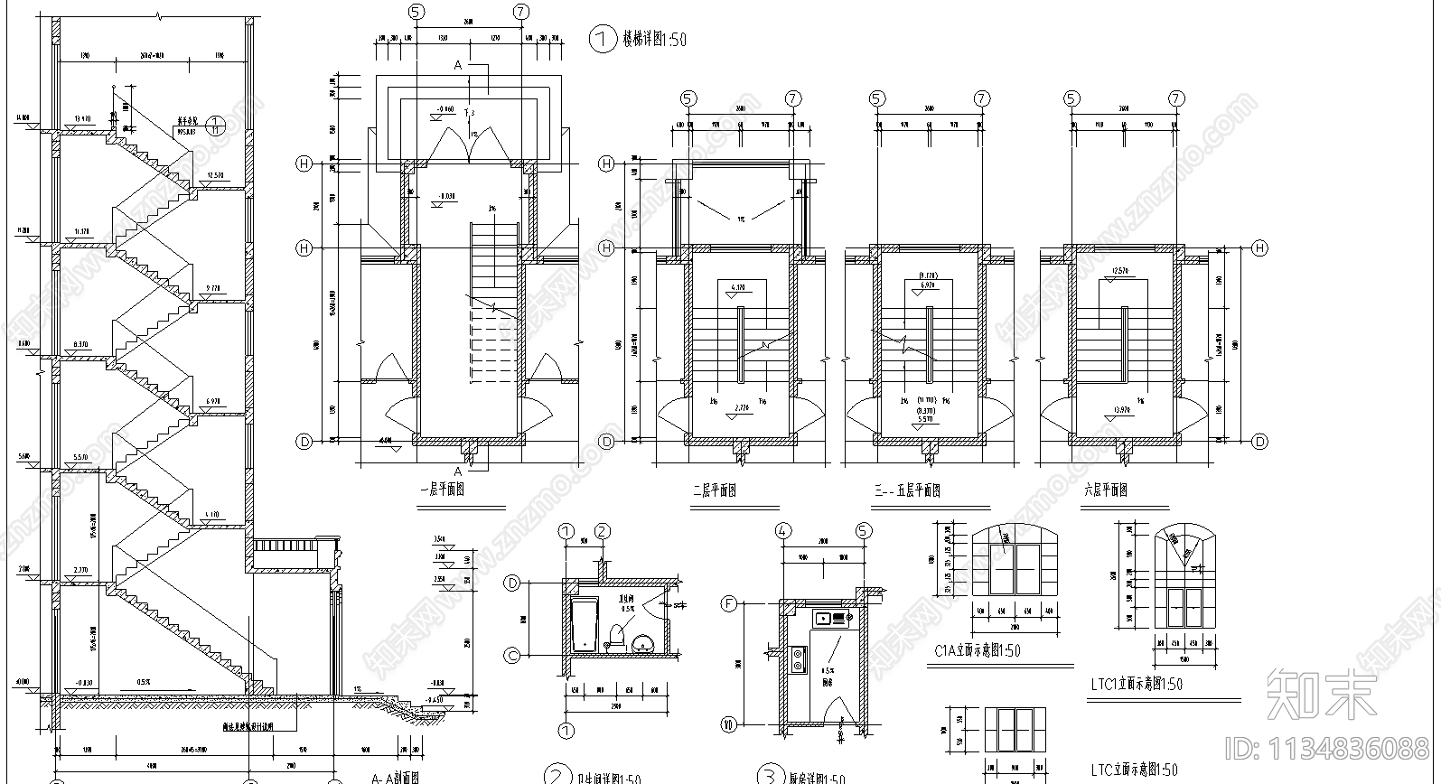 6层住宅建筑cad施工图下载【ID:1134836088】