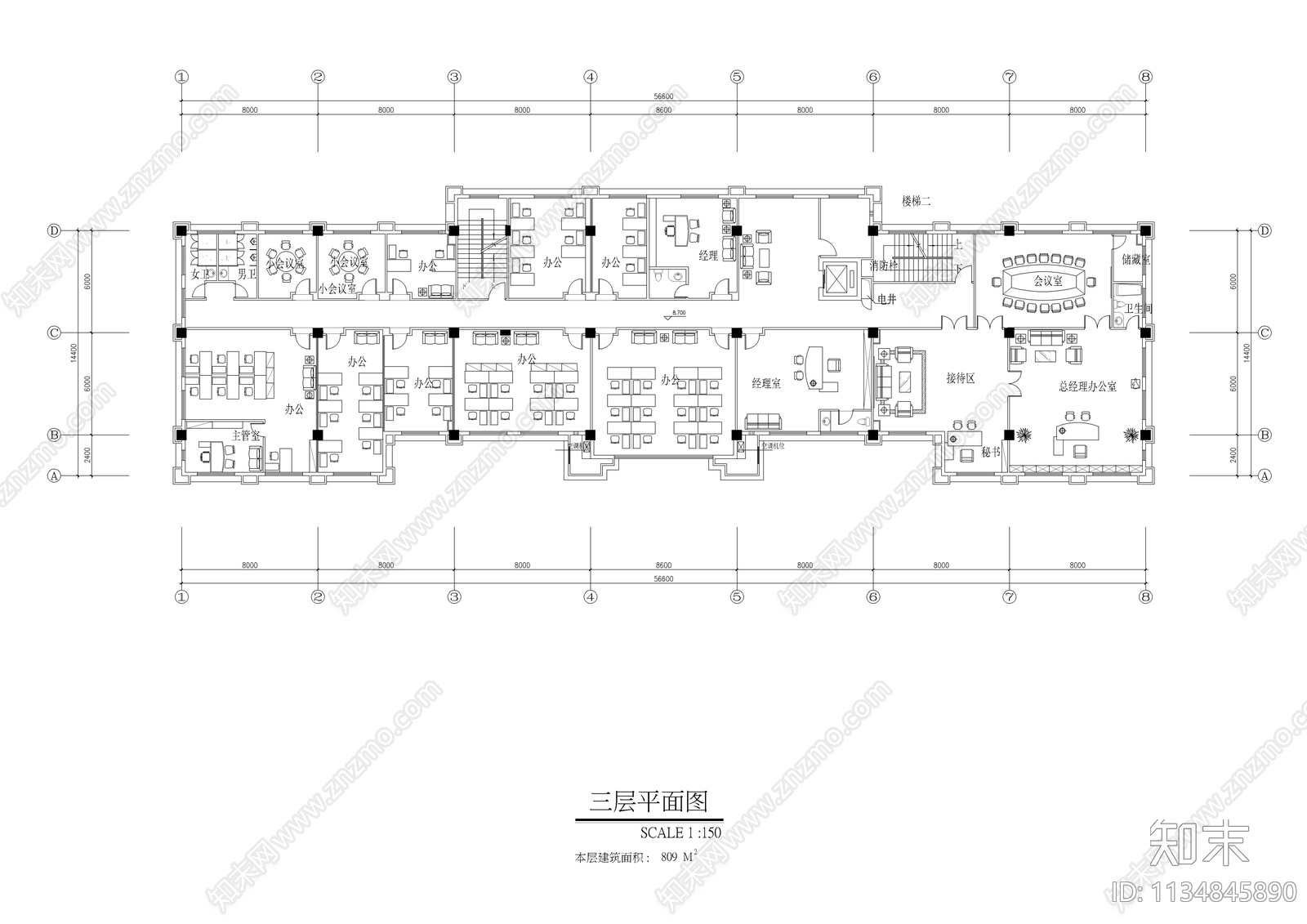 六层办公住宅空间cad施工图下载【ID:1134845890】