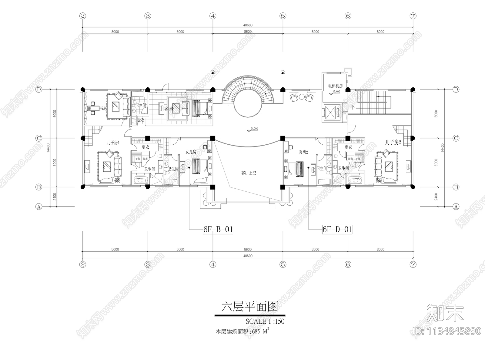 六层办公住宅空间cad施工图下载【ID:1134845890】