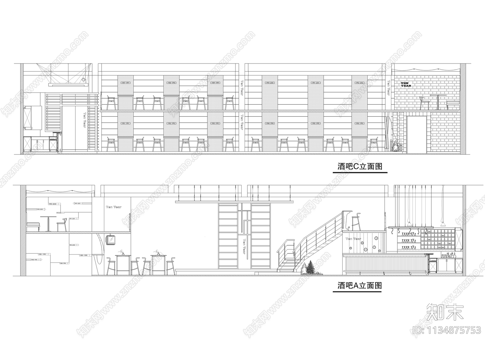 二百平小型酒吧装修cad施工图下载【ID:1134875753】